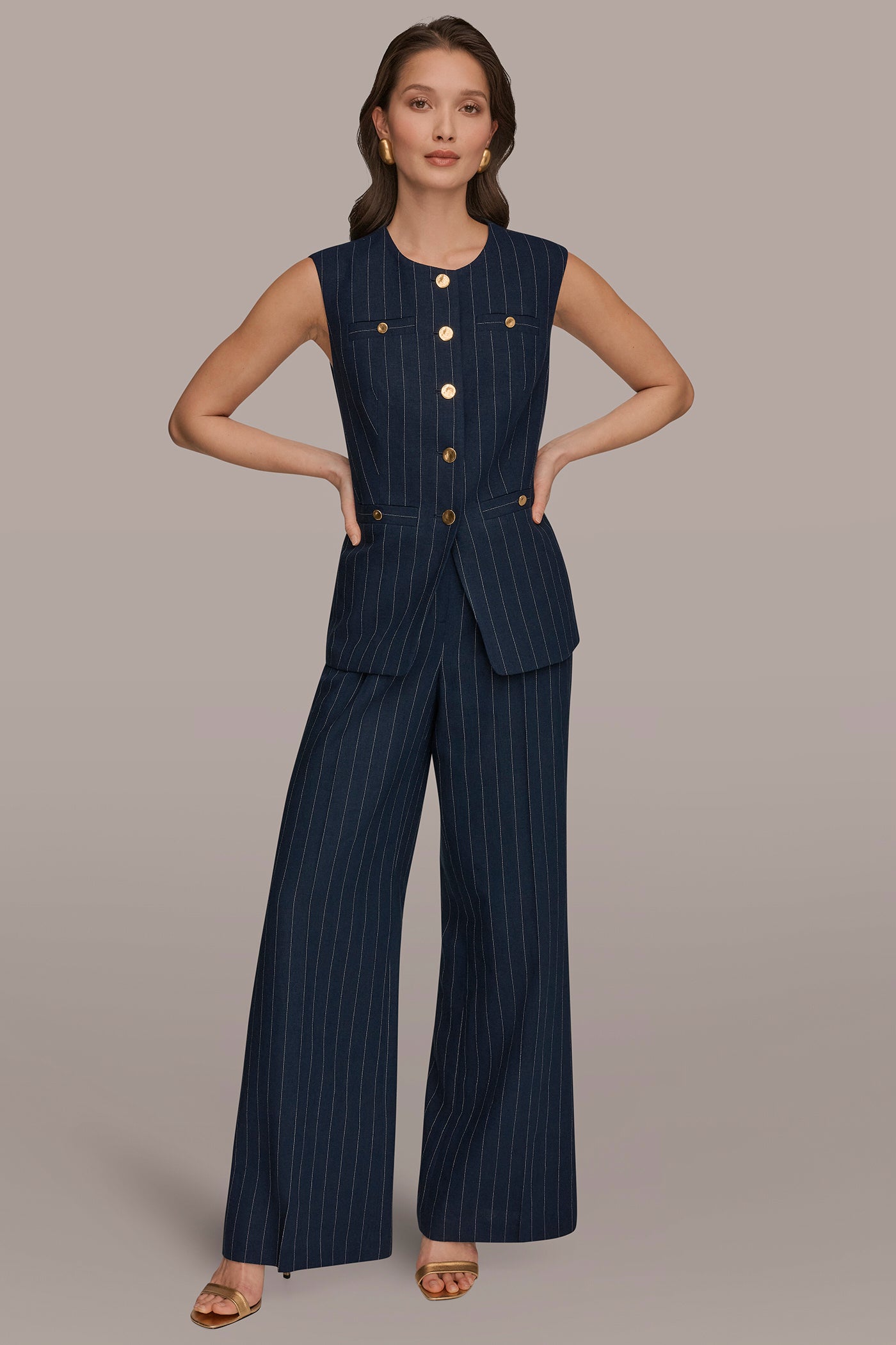 Nightfall/Cream LINEN-BLEND PINSTRIPE LONGLINE VEST Donna Karan