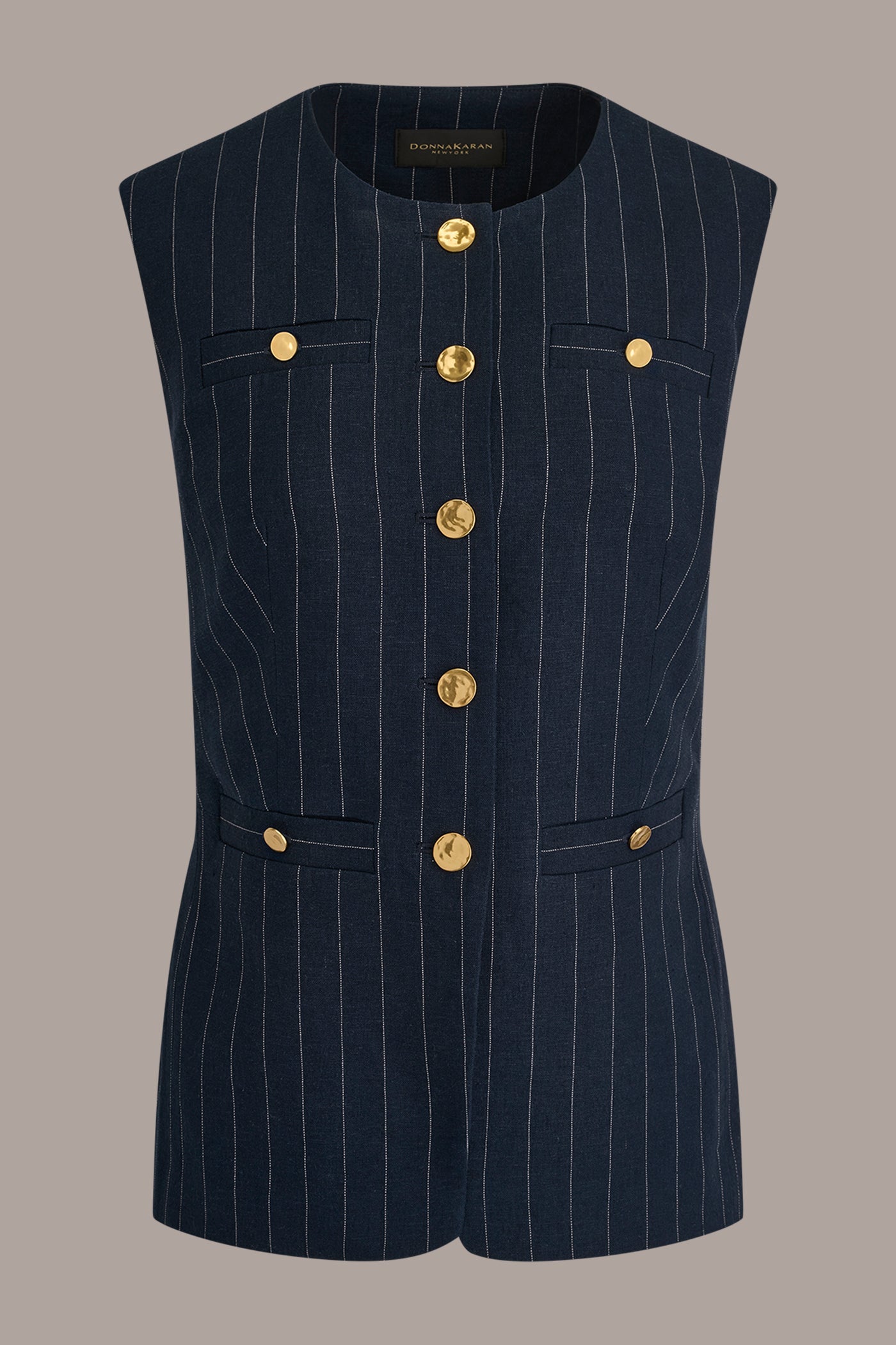 Nightfall/Cream LINEN-BLEND PINSTRIPE LONGLINE VEST Donna Karan