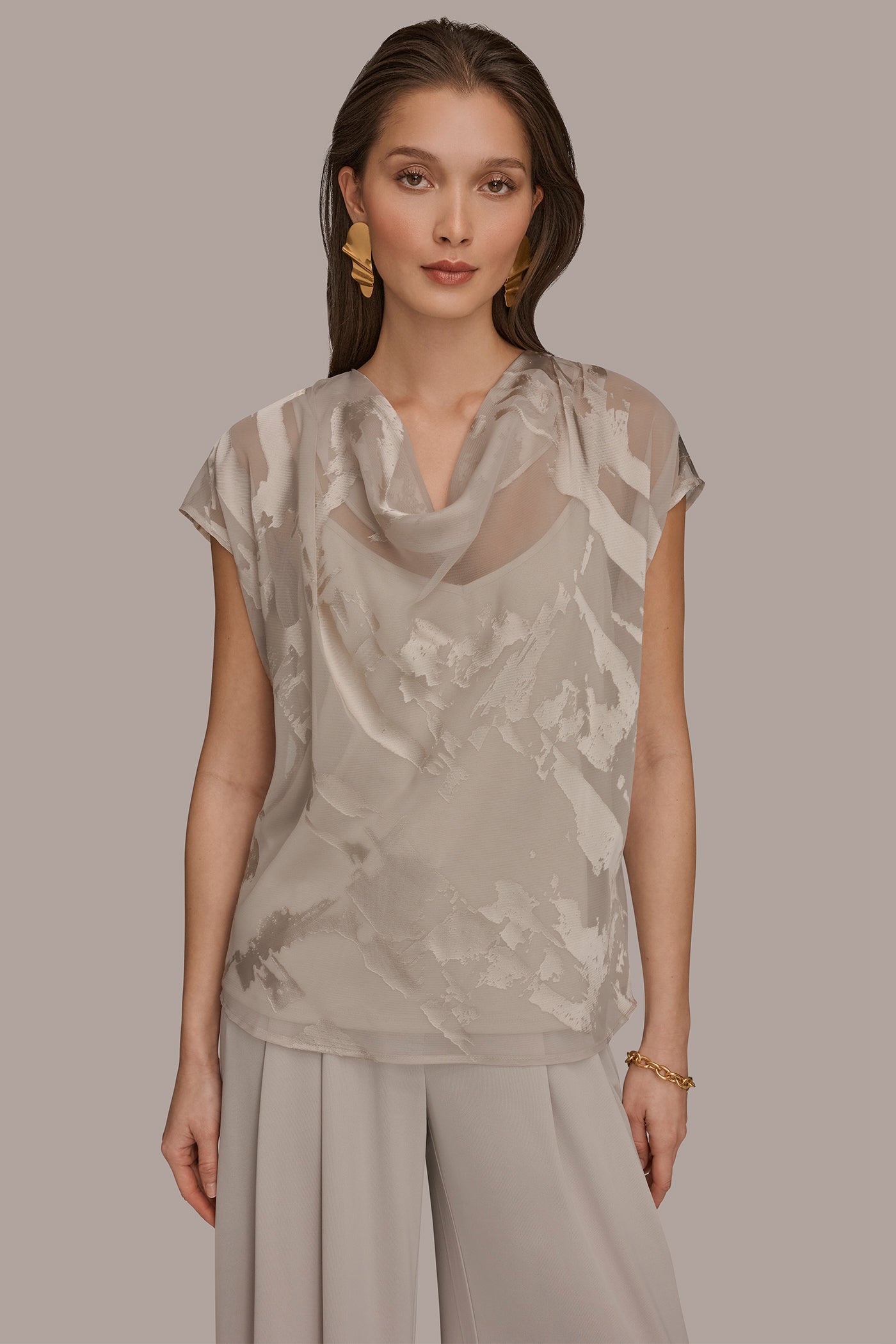 Tuscan Grey SATIN ABSTRACT BURNOUT TOP Donna Karan