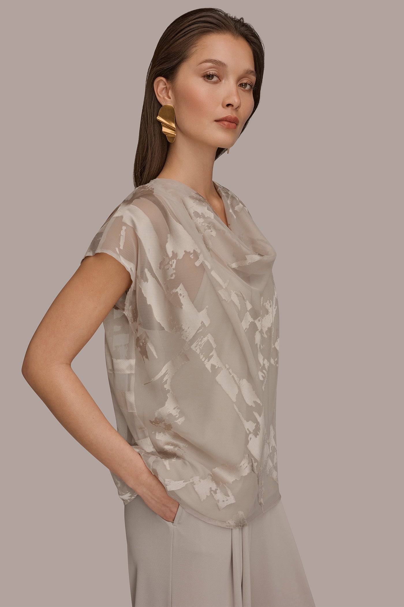 Tuscan Grey SATIN ABSTRACT BURNOUT TOP Donna Karan