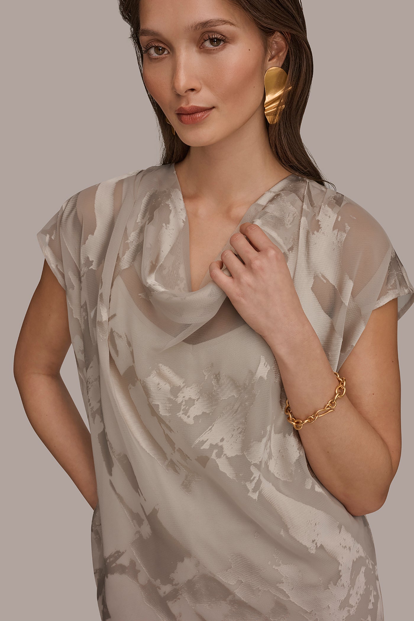Tuscan Grey SATIN ABSTRACT BURNOUT TOP Donna Karan