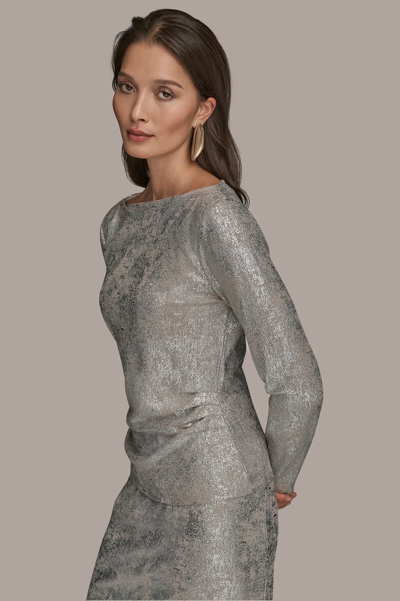 vapor/silver LONG SLEEVE FOIL TOP Donna Karan