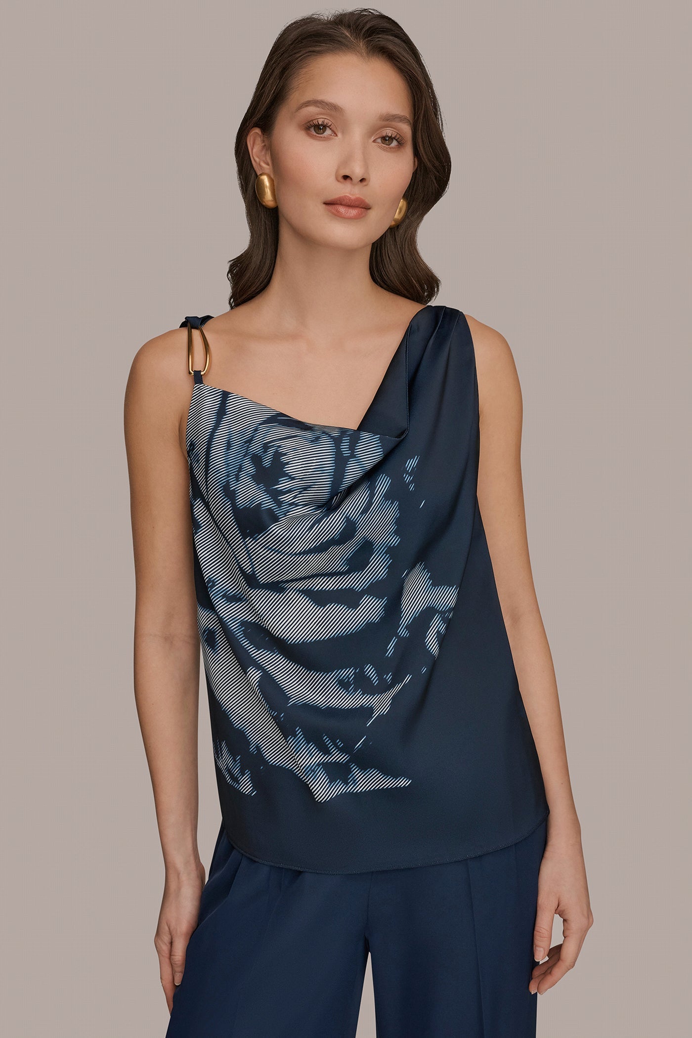 Nightfall Multi FLORAL COWL-NECK CUTOUT SHOULDER CAMI Donna Karan