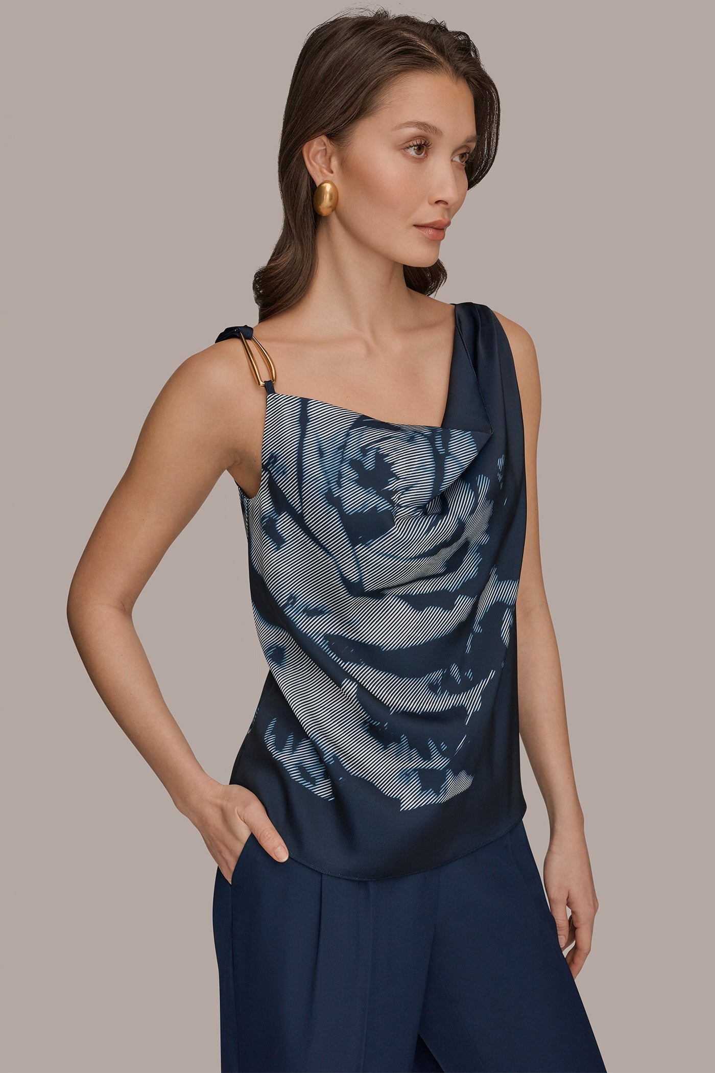 Nightfall Multi FLORAL COWL-NECK CUTOUT SHOULDER CAMI Donna Karan