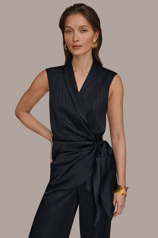 Navy PINSTRIPE FAUX WRAP TOP Donna Karan
