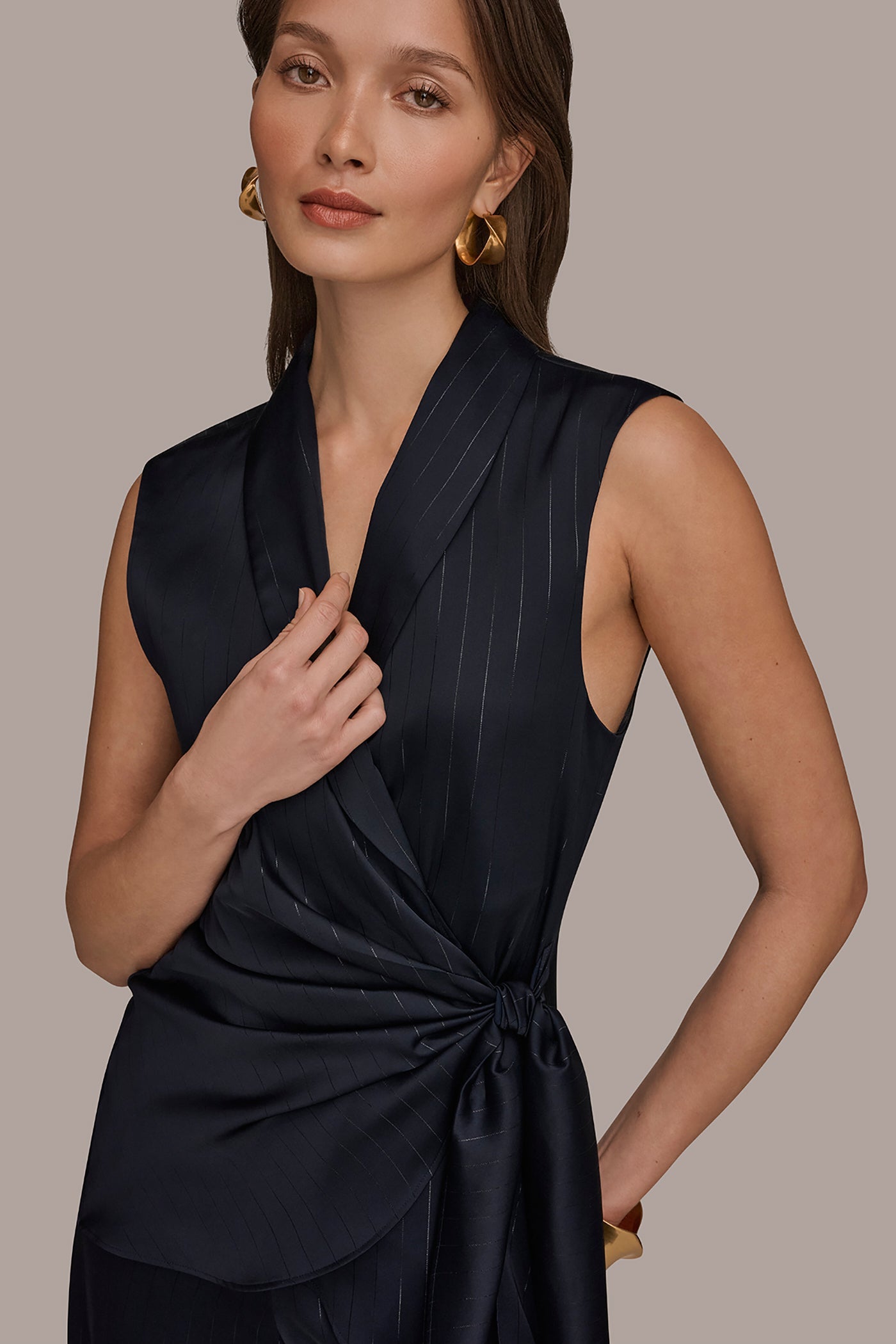 Navy PINSTRIPE FAUX WRAP TOP Donna Karan