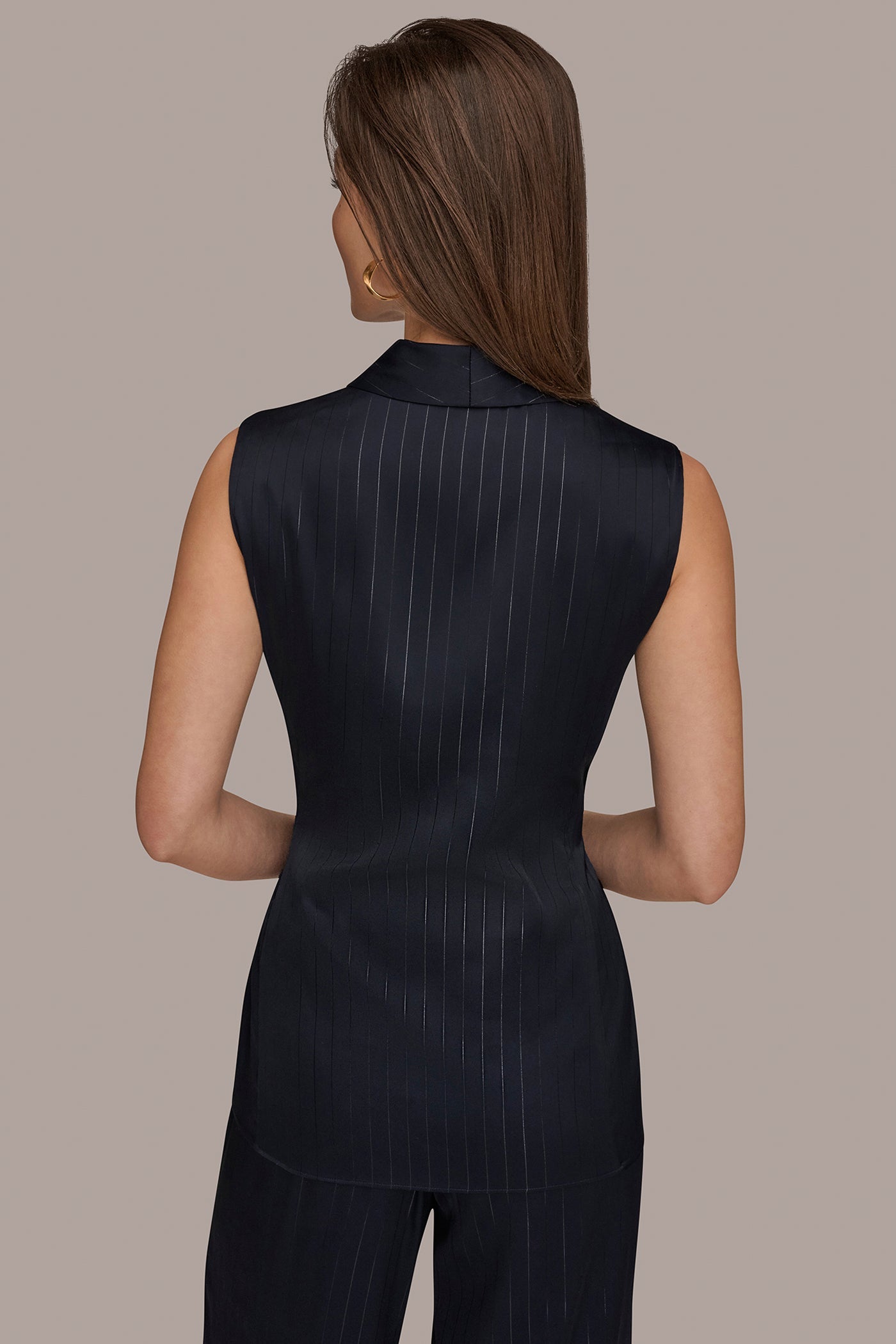 Navy PINSTRIPE FAUX WRAP TOP Donna Karan