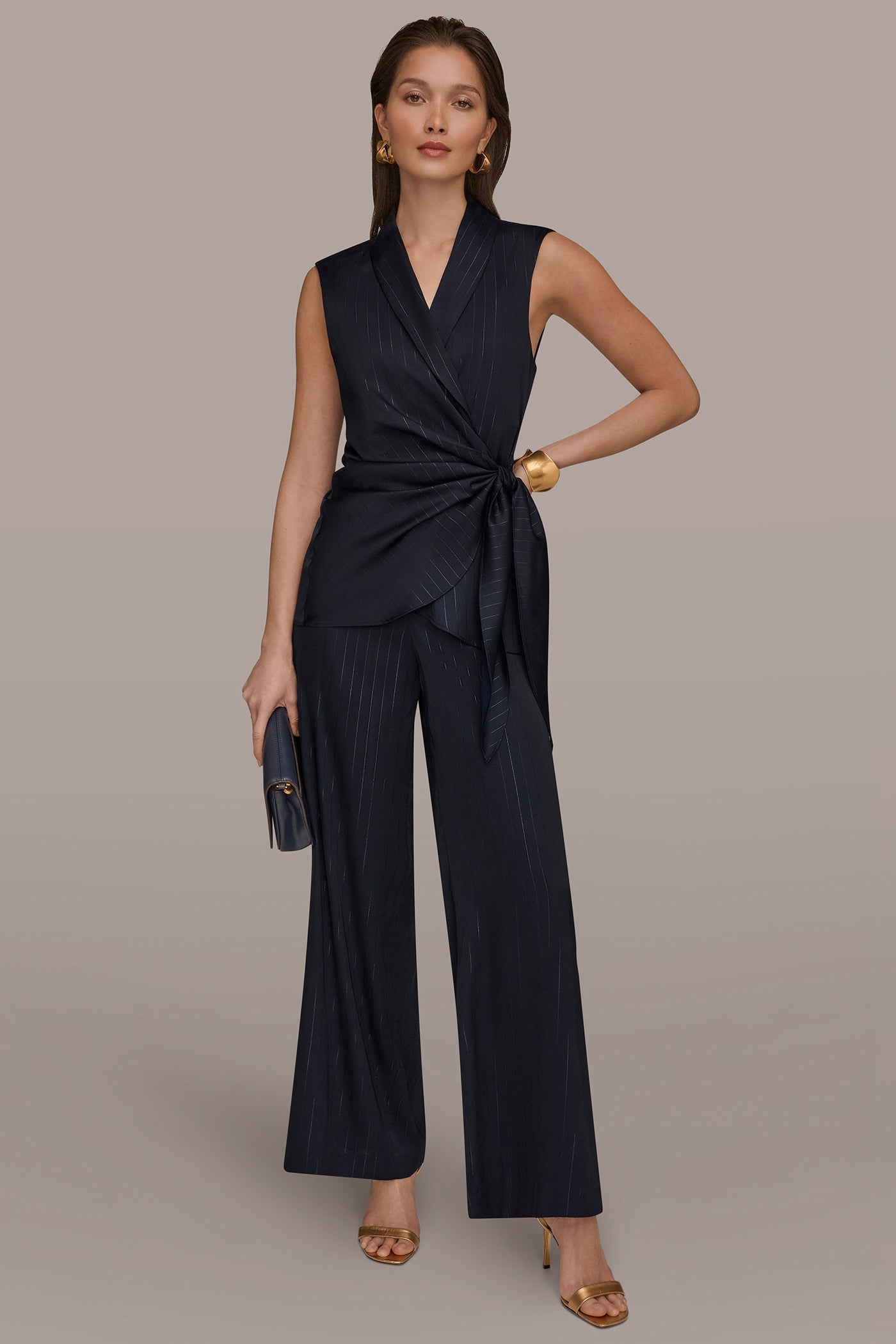 Navy PINSTRIPE FAUX WRAP TOP Donna Karan