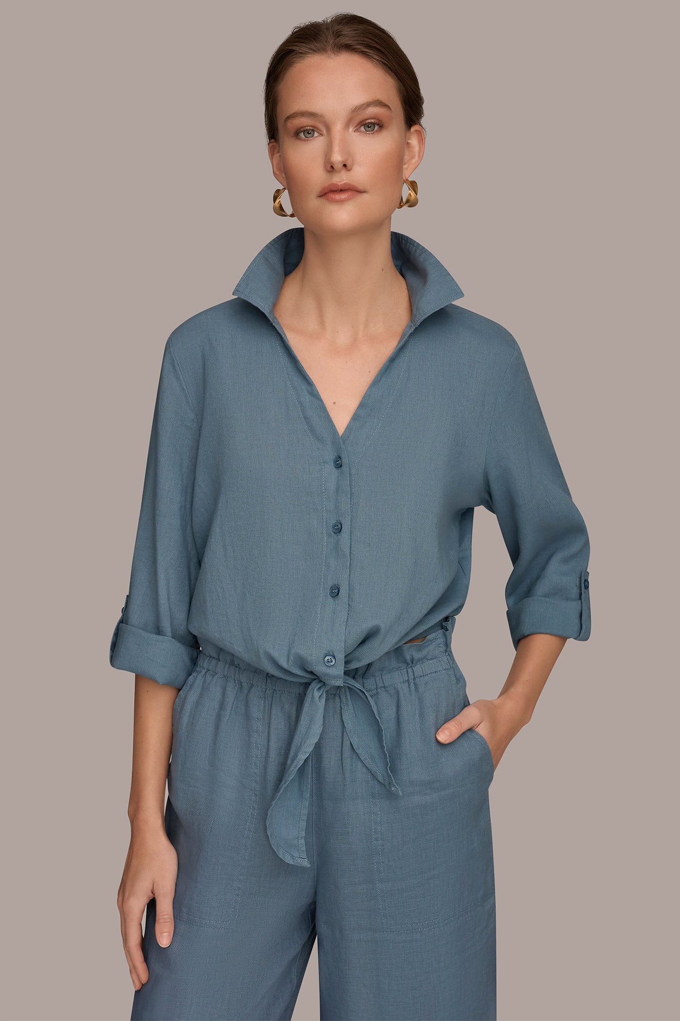 Washed Indigo LONG SLEEVE TIE-FRONT BLOUSE Donna Karan