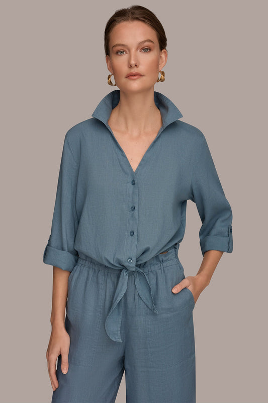 Washed Indigo LONG SLEEVE TIE-FRONT BLOUSE Donna Karan