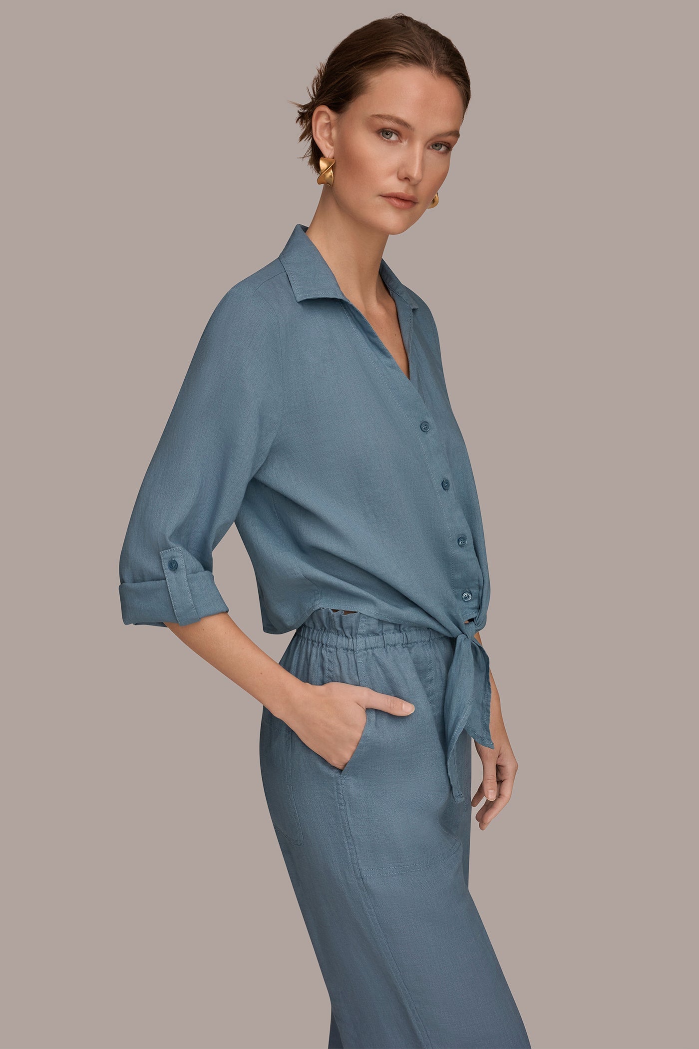 Washed Indigo LONG SLEEVE TIE-FRONT BLOUSE Donna Karan