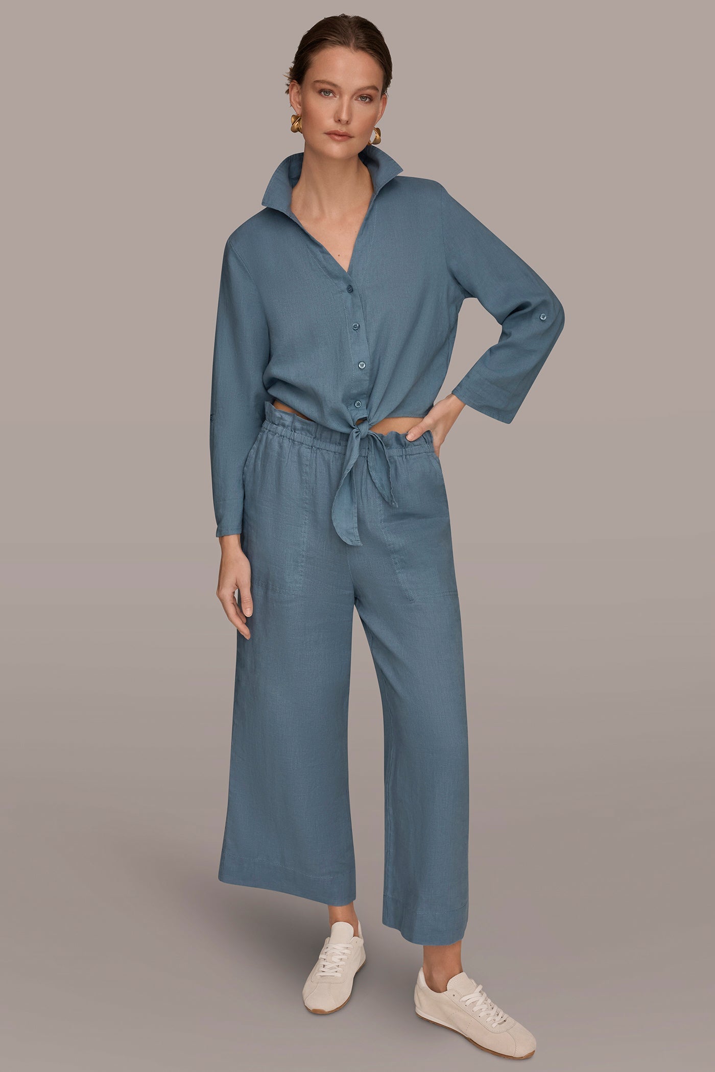 Washed Indigo LONG SLEEVE TIE-FRONT BLOUSE Donna Karan