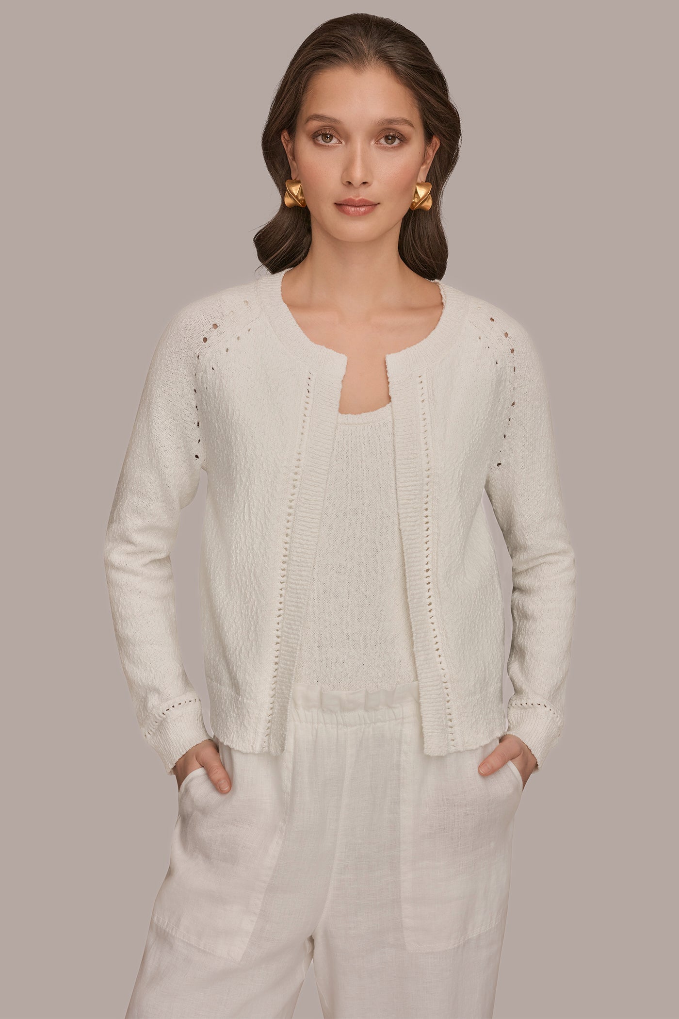 Cream POINTELLE TRIM CARDIGAN Donna Karan