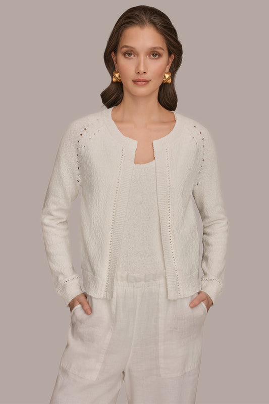 Cream POINTELLE TRIM CARDIGAN Donna Karan