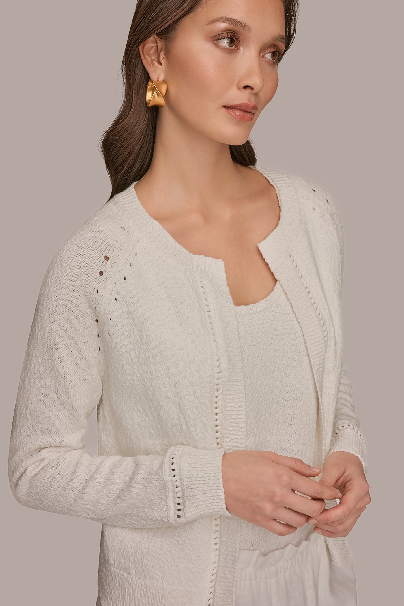 Cream POINTELLE TRIM CARDIGAN Donna Karan