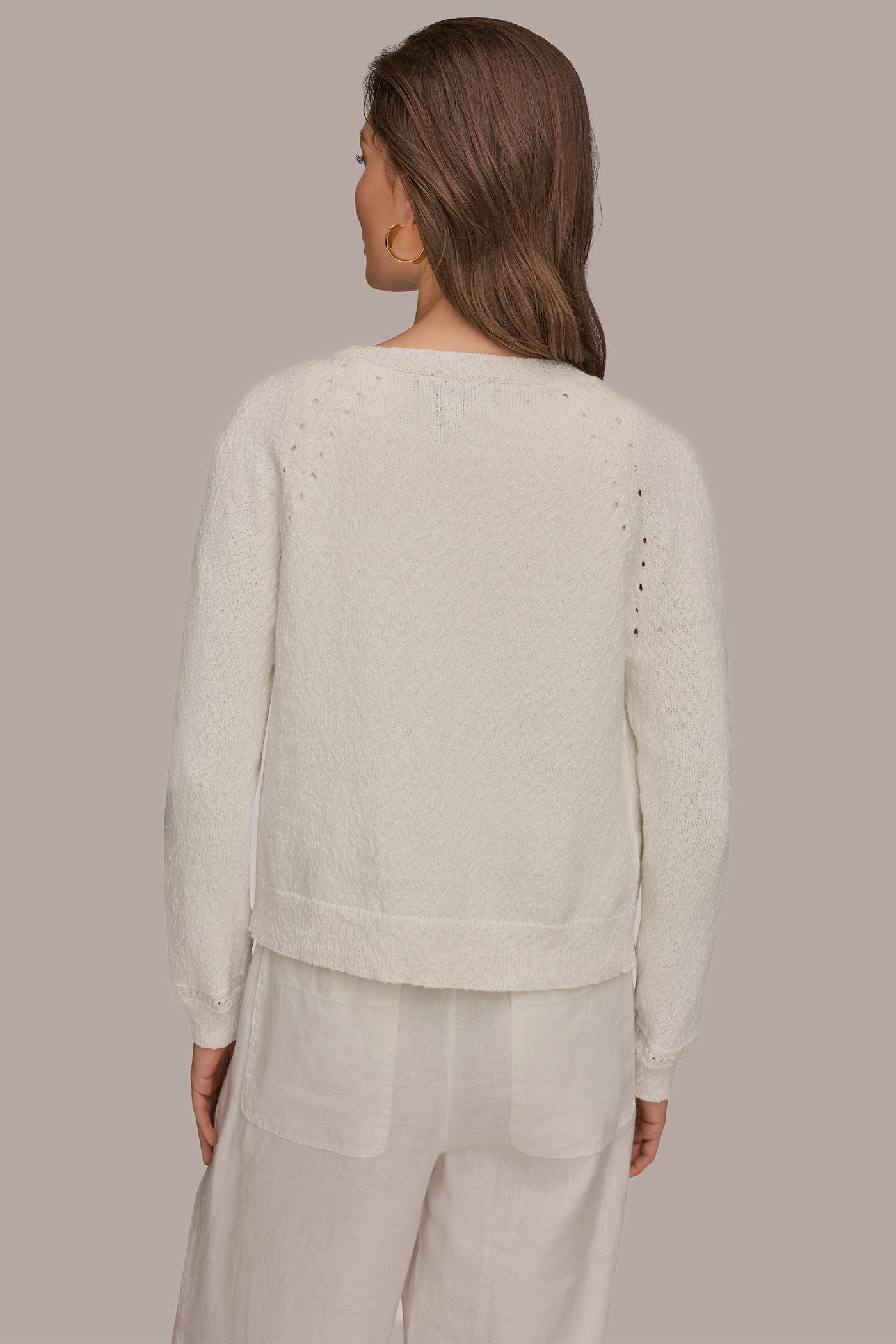 Cream POINTELLE TRIM CARDIGAN Donna Karan