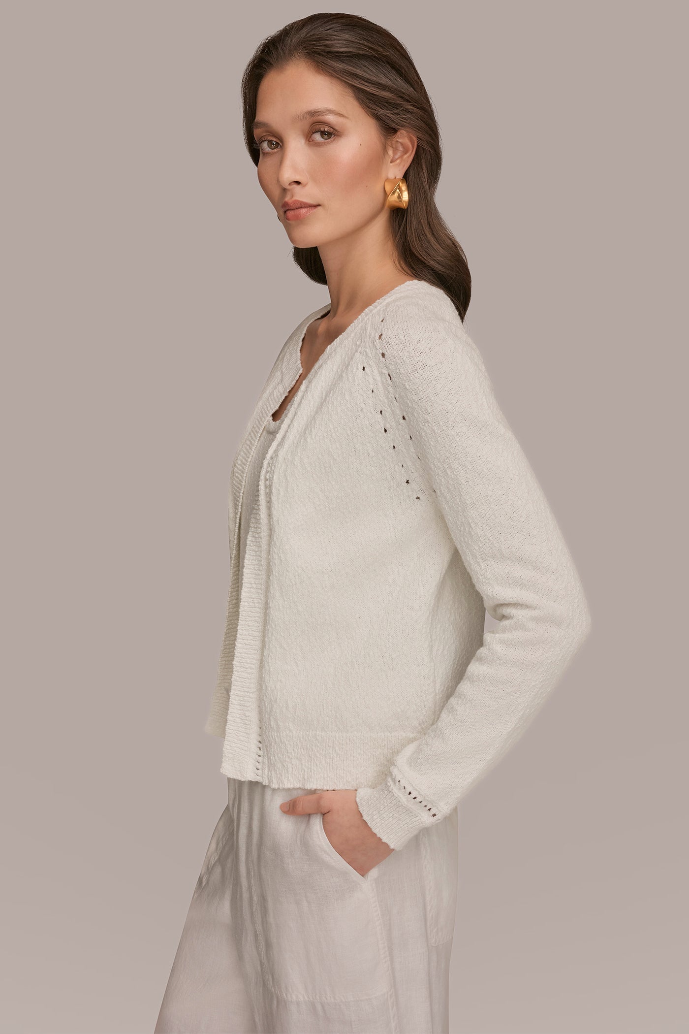 Cream POINTELLE TRIM CARDIGAN Donna Karan