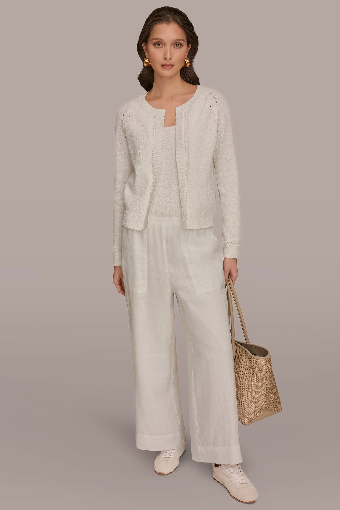 Cream POINTELLE TRIM CARDIGAN Donna Karan