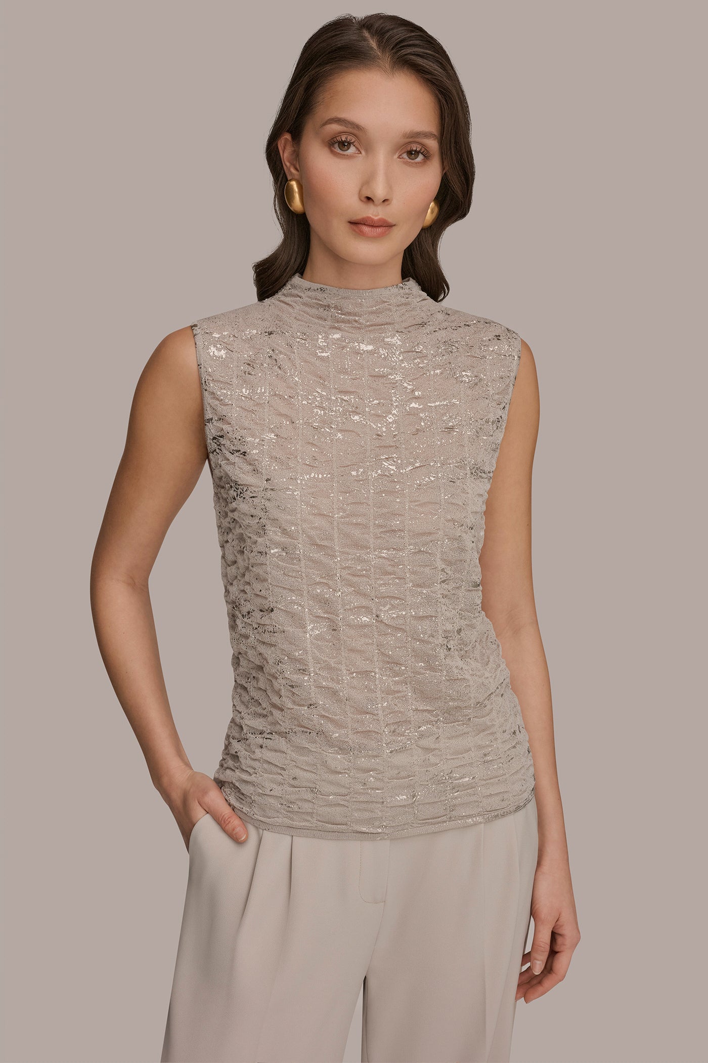 Tuscan Grey METALLIC RUCHED SWEATER Donna Karan