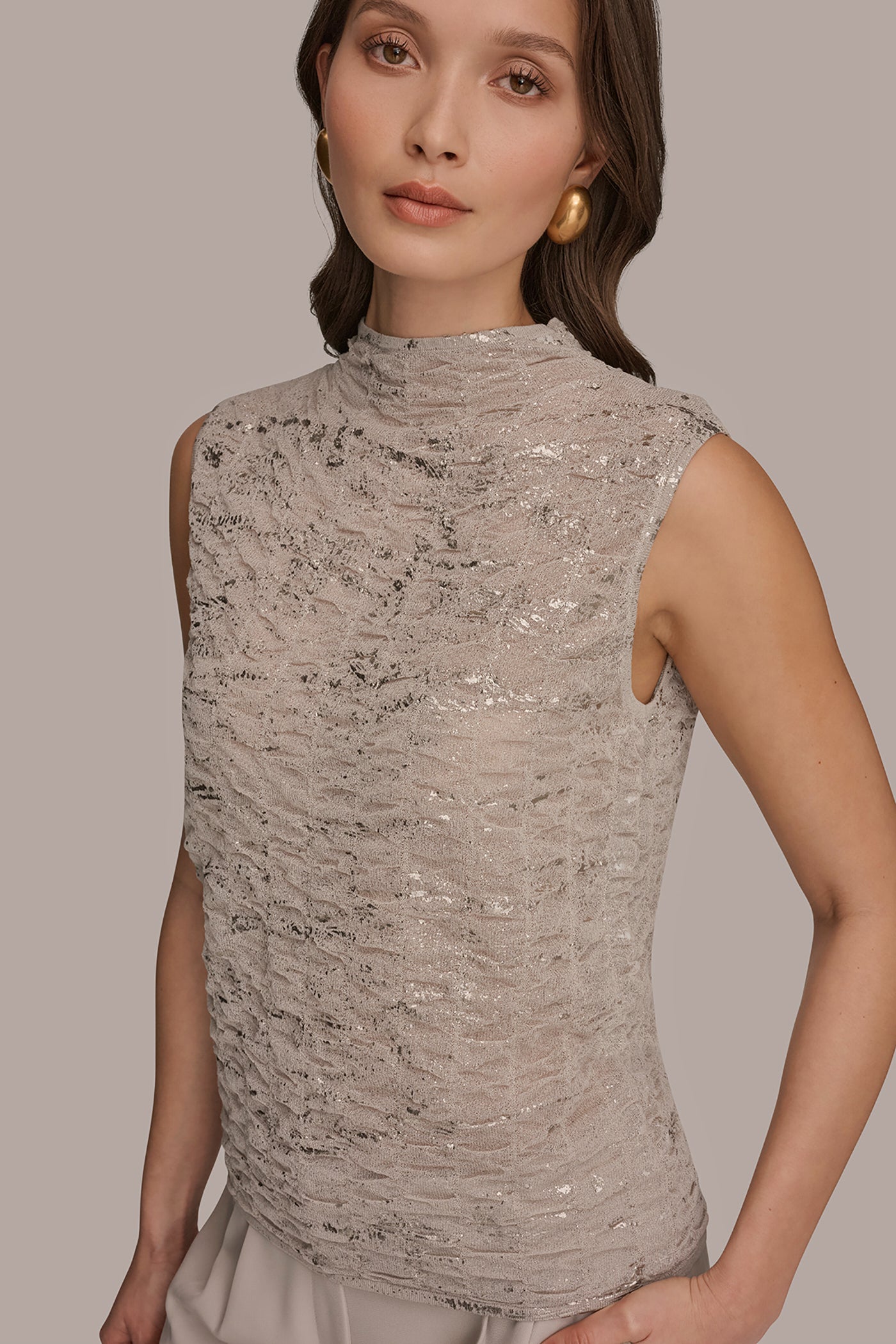 Tuscan Grey METALLIC RUCHED SWEATER Donna Karan