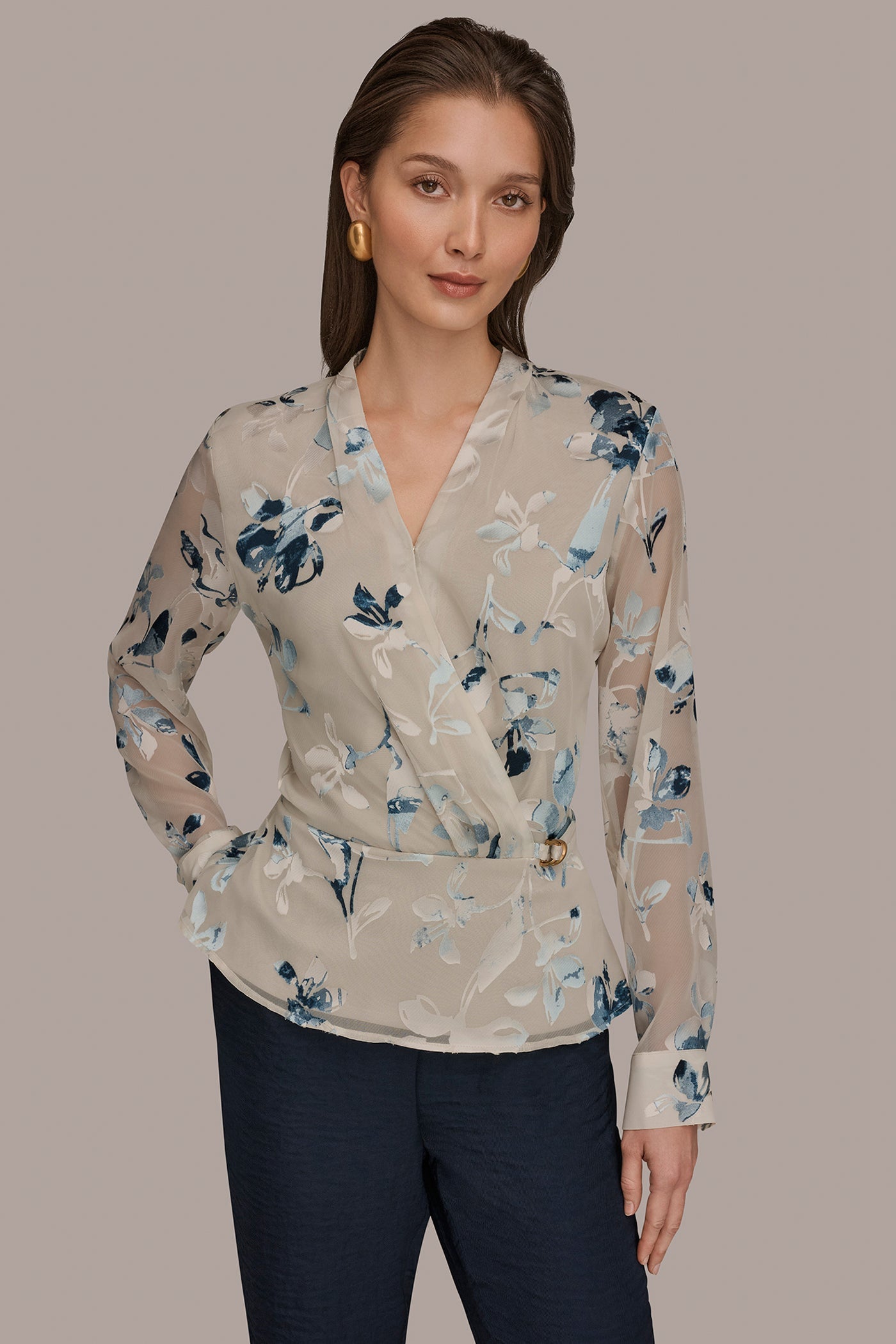 Sea Mist Multi LONG SLEEVE BURNOUT FOIL WRAP BLOUSE Donna Karan