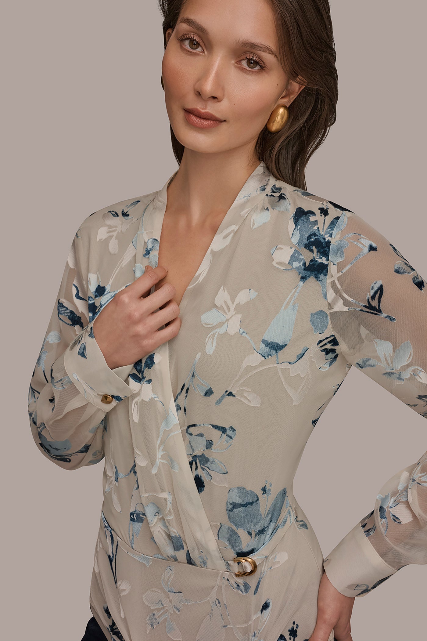 Sea Mist Multi LONG SLEEVE BURNOUT FOIL WRAP BLOUSE Donna Karan
