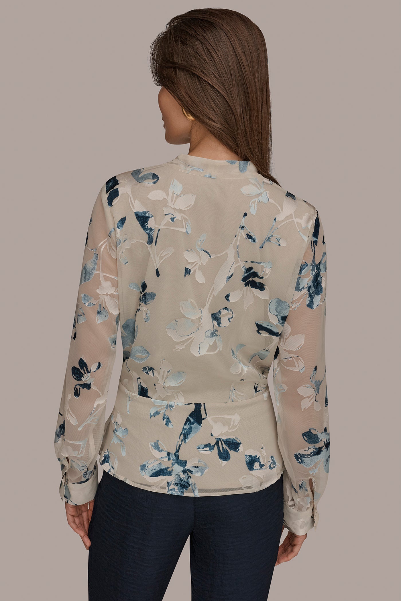 Sea Mist Multi LONG SLEEVE BURNOUT FOIL WRAP BLOUSE Donna Karan