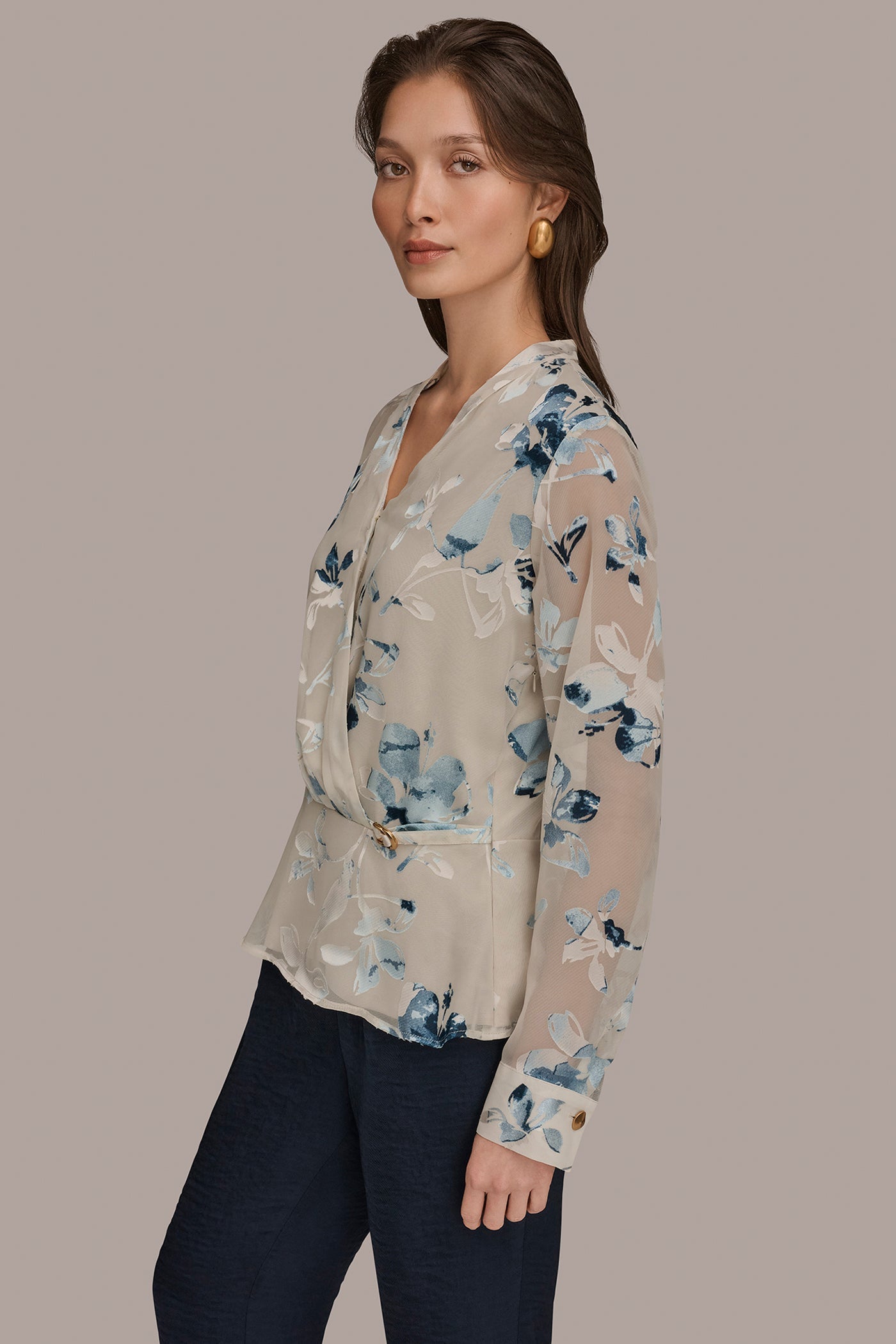 Sea Mist Multi LONG SLEEVE BURNOUT FOIL WRAP BLOUSE Donna Karan