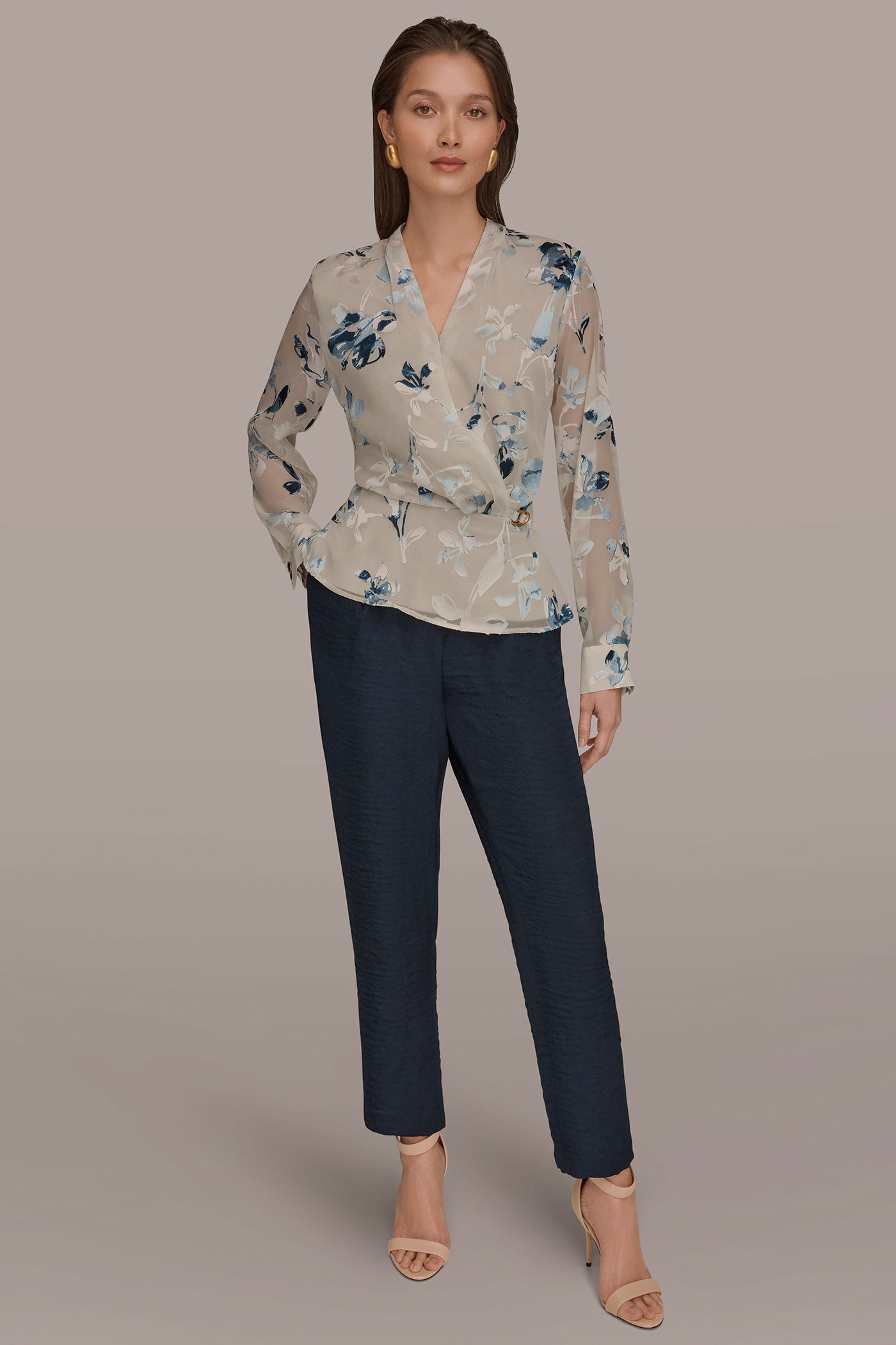 Sea Mist Multi LONG SLEEVE BURNOUT FOIL WRAP BLOUSE Donna Karan