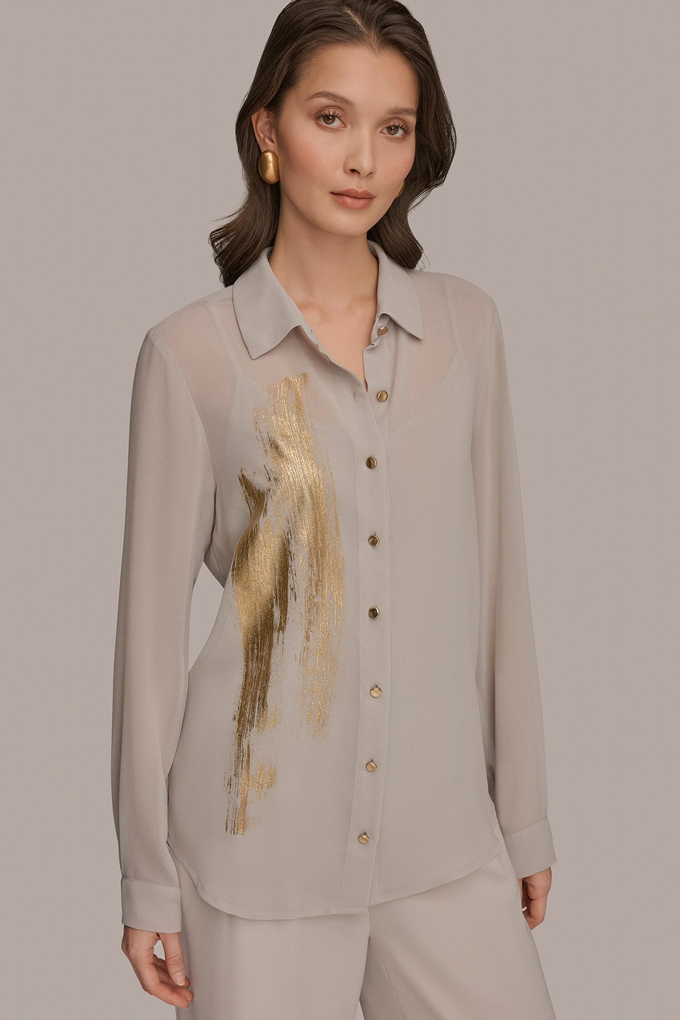 Turin/Champagne Gold METALLIC BRUSHSTROKE BLOUSE Donna Karan