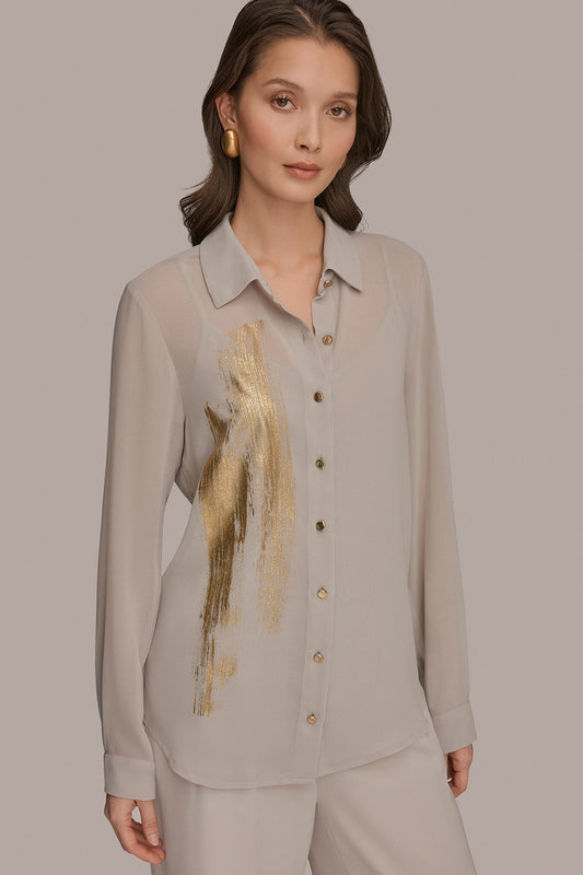 Turin/Champagne Gold METALLIC BRUSHSTROKE BLOUSE Donna Karan