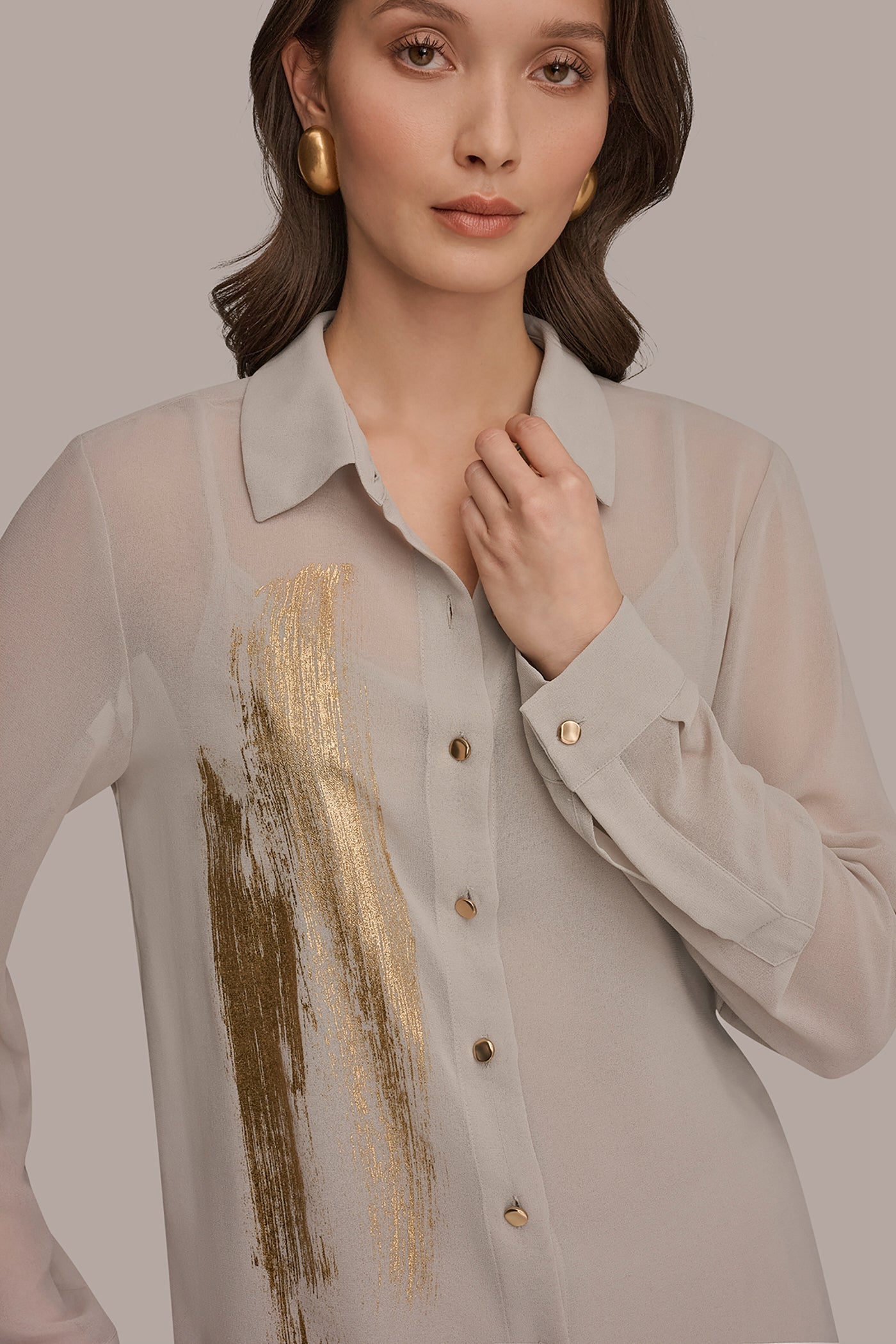 Turin/Champagne Gold METALLIC BRUSHSTROKE BLOUSE Donna Karan