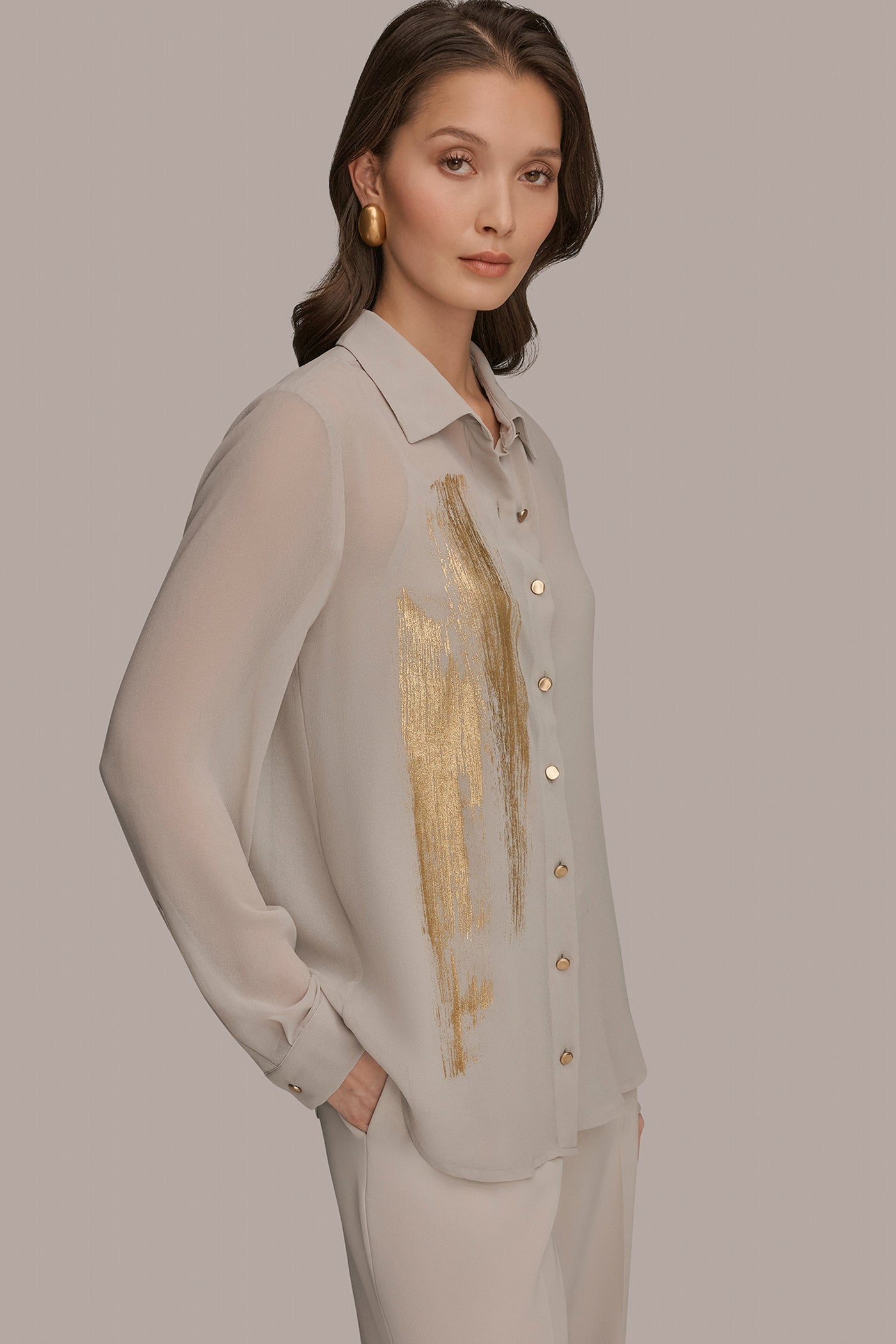 Turin/Champagne Gold METALLIC BRUSHSTROKE BLOUSE Donna Karan