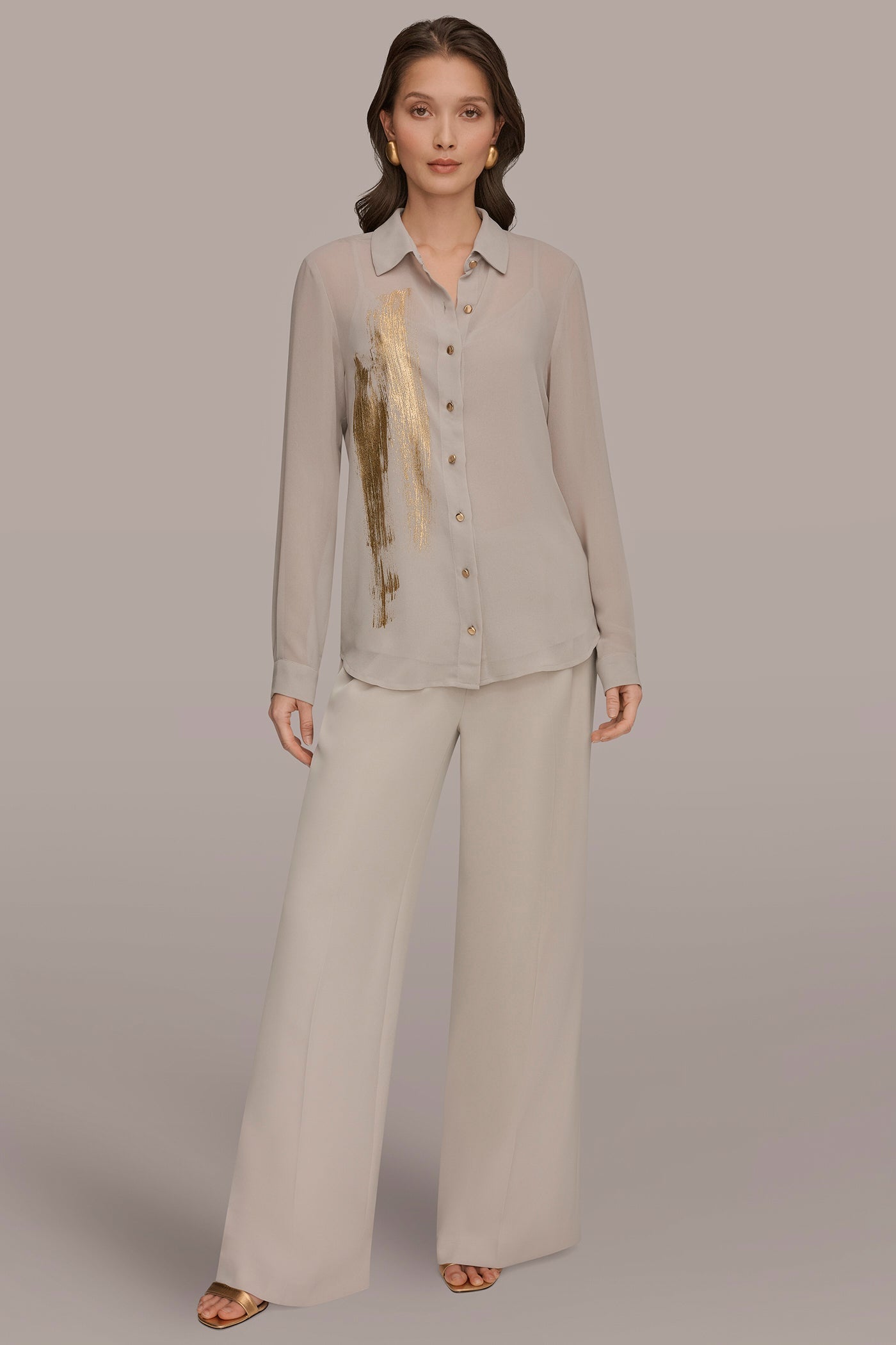 Turin/Champagne Gold METALLIC BRUSHSTROKE BLOUSE Donna Karan