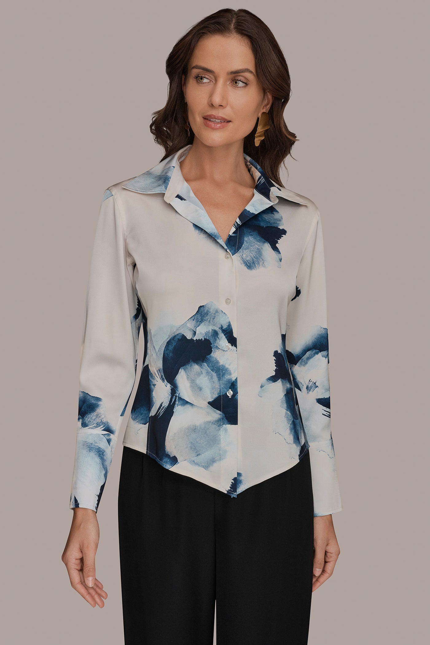 Nightfall/Sea Mist FLORAL HIGH-LOW BLOUSE Donna Karan