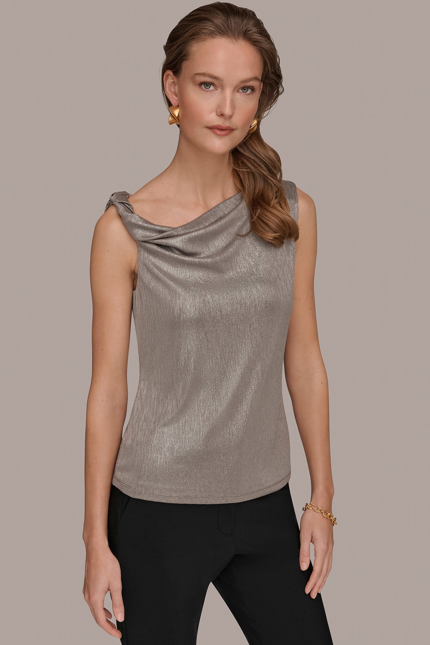 Tuscan Grey/Silver METALLIC ONE-SHOULDER TOP Donna Karan
