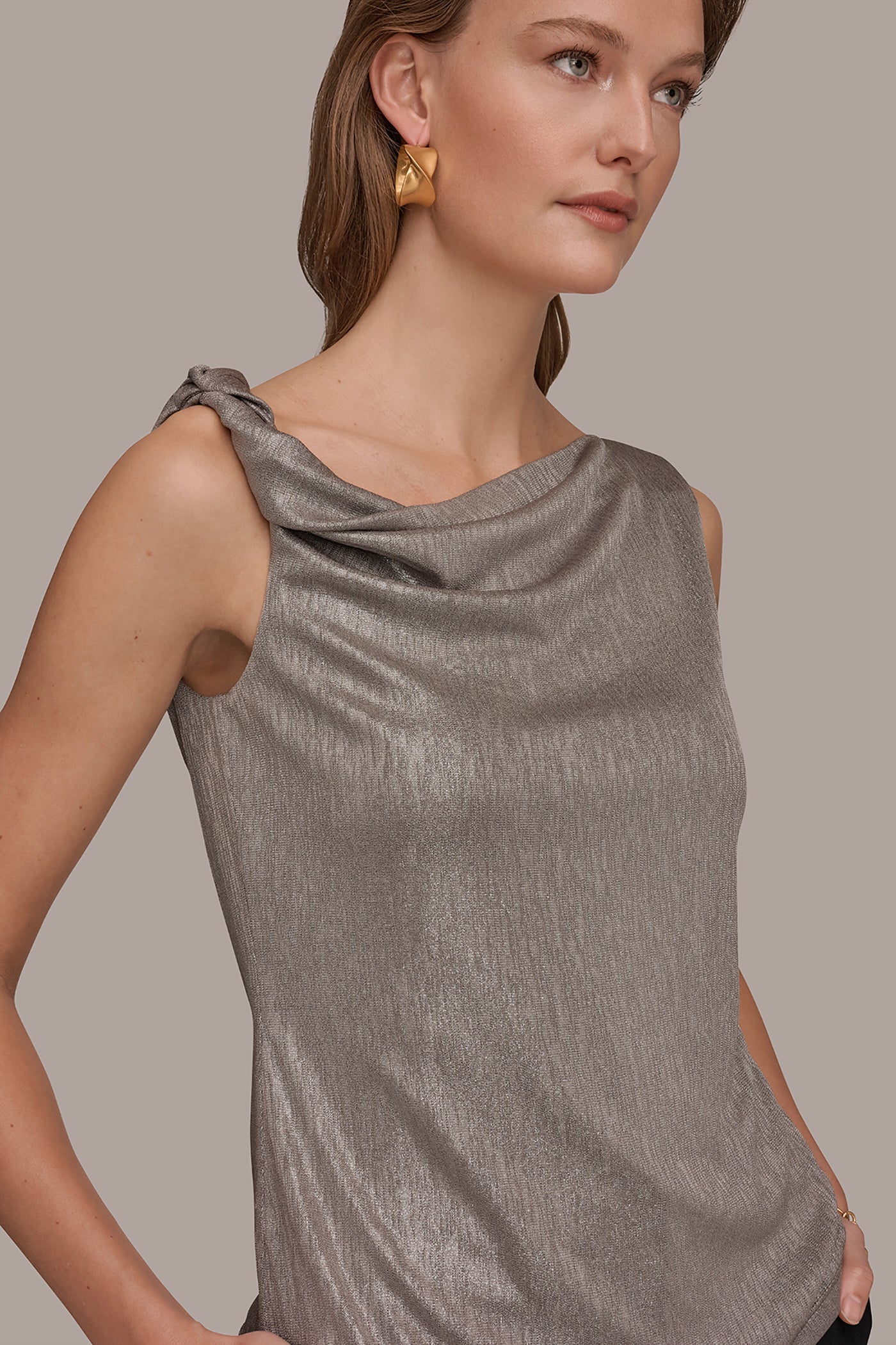 Tuscan Grey/Silver METALLIC ONE-SHOULDER TOP Donna Karan