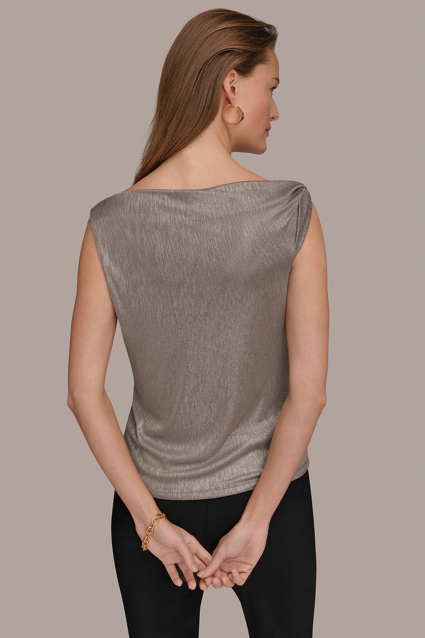 Tuscan Grey/Silver METALLIC ONE-SHOULDER TOP Donna Karan