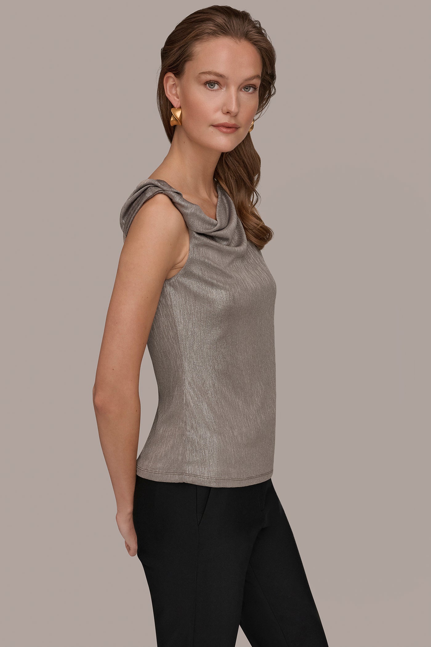Tuscan Grey/Silver METALLIC ONE-SHOULDER TOP Donna Karan