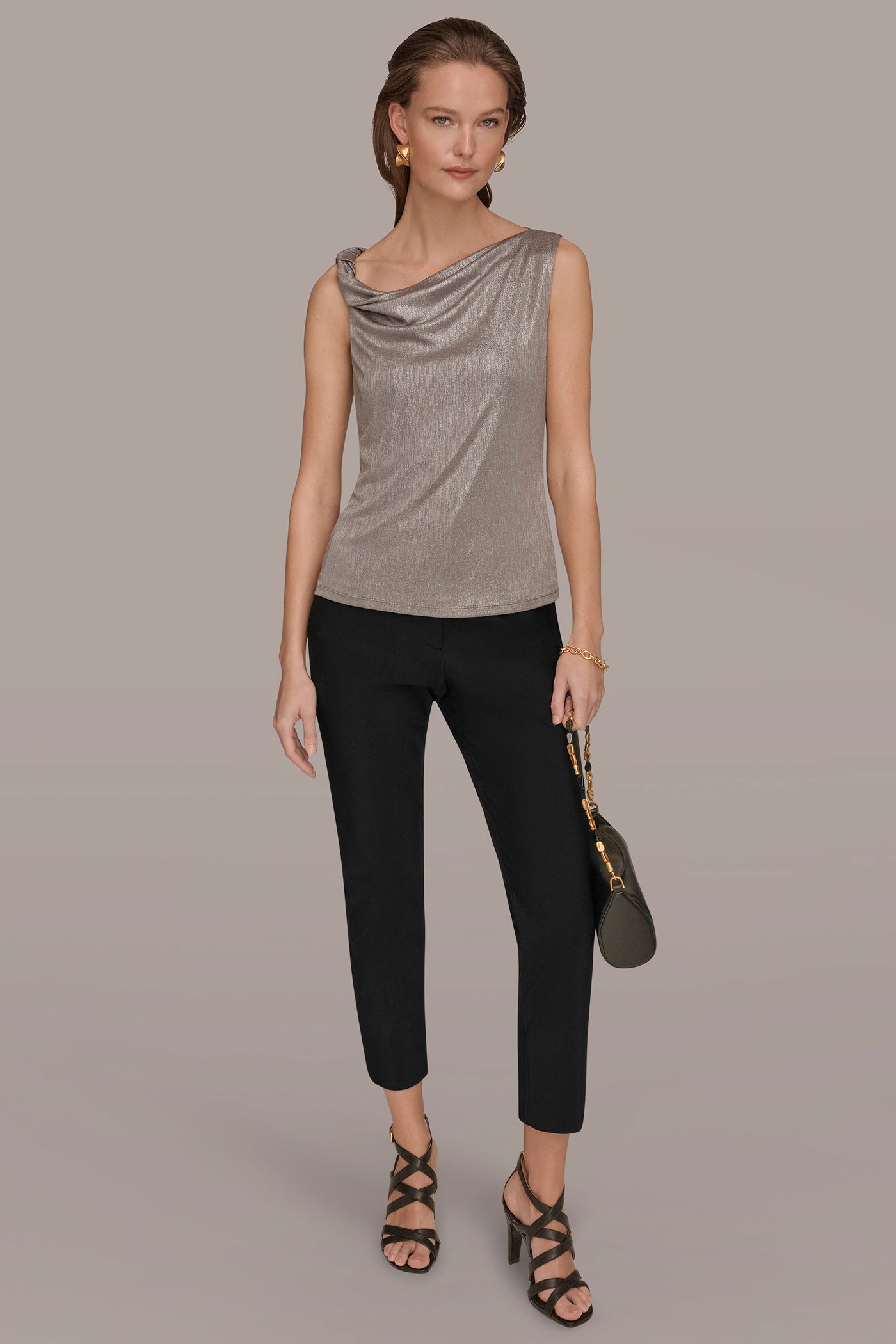 Tuscan Grey/Silver METALLIC ONE-SHOULDER TOP Donna Karan