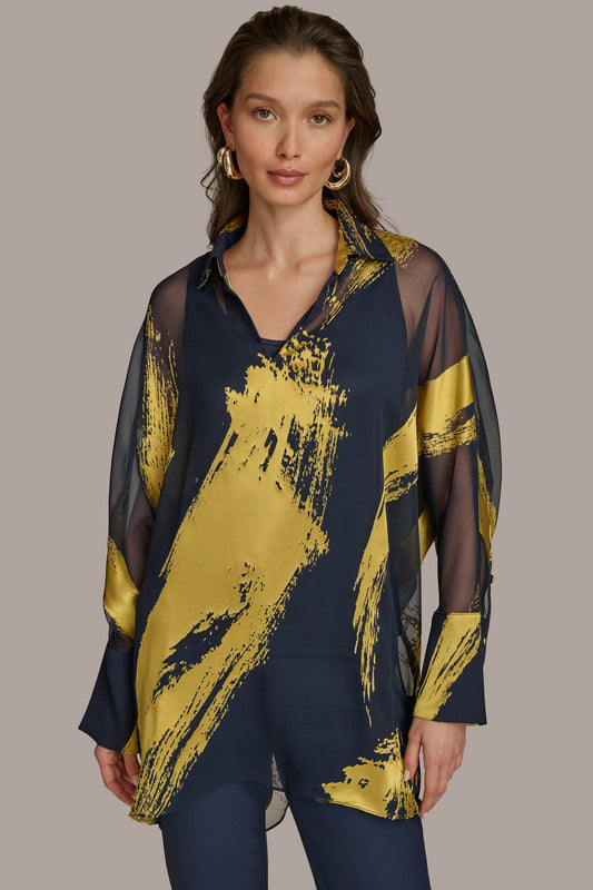 Nightfall/Gold PRINT COLLARED TUNIC Donna Karan