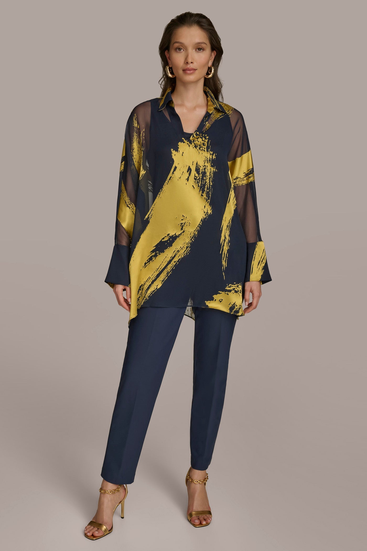 Nightfall/Gold PRINT COLLARED TUNIC Donna Karan