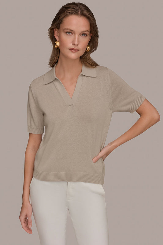 Tuscan Grey COTTON AND CASHMERE POLO SWEATER Donna Karan