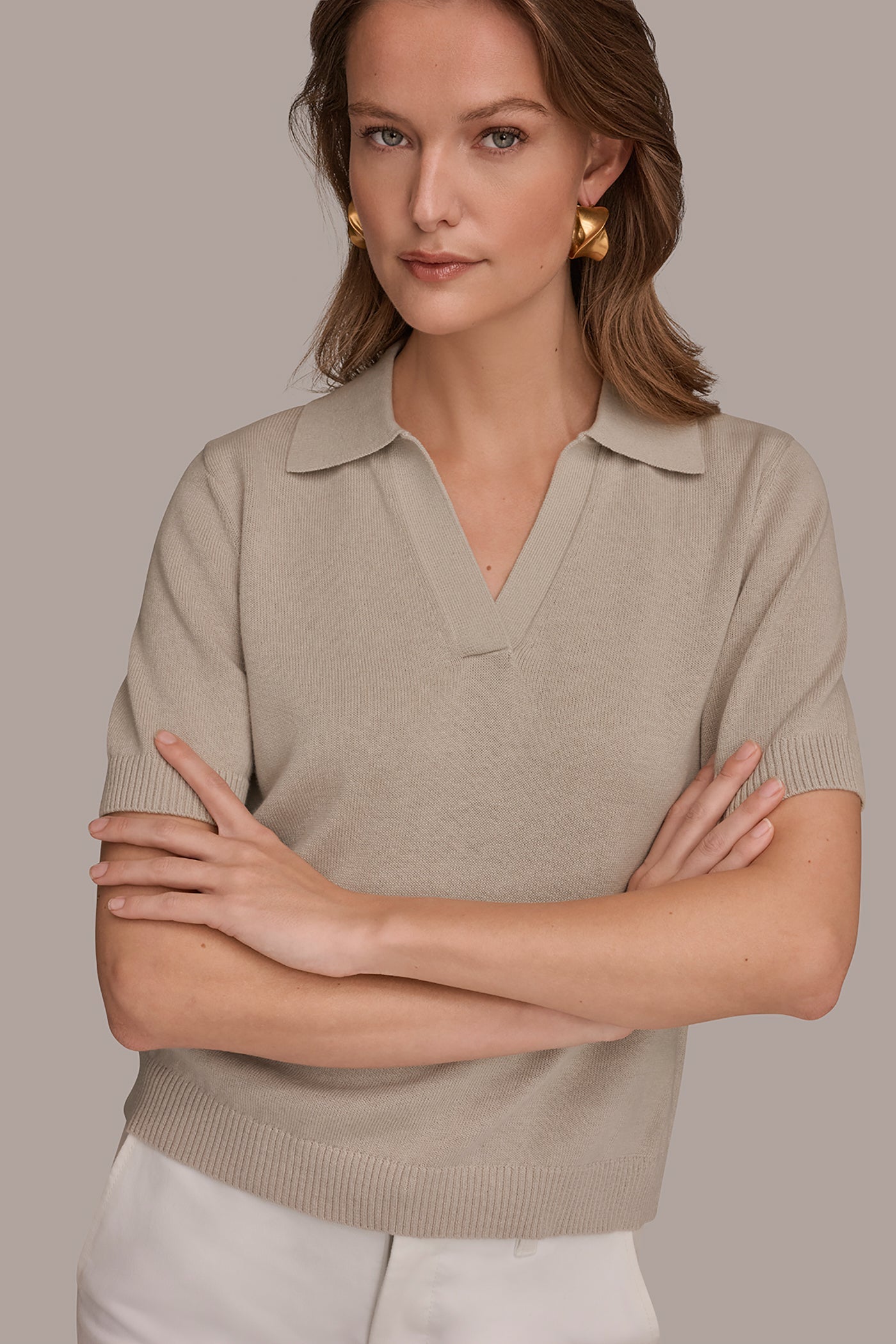 Tuscan Grey COTTON AND CASHMERE POLO SWEATER Donna Karan