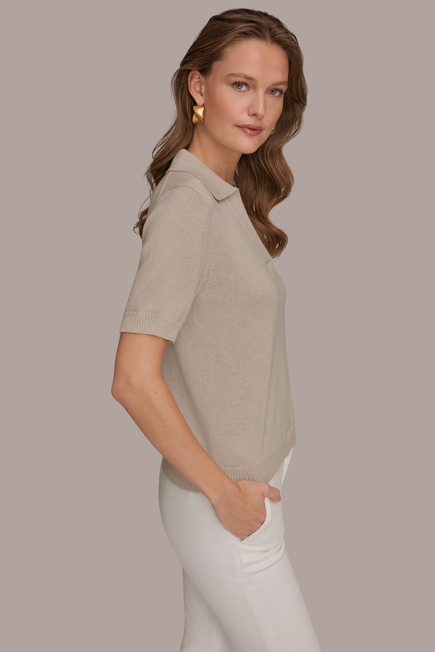Tuscan Grey COTTON AND CASHMERE POLO SWEATER Donna Karan
