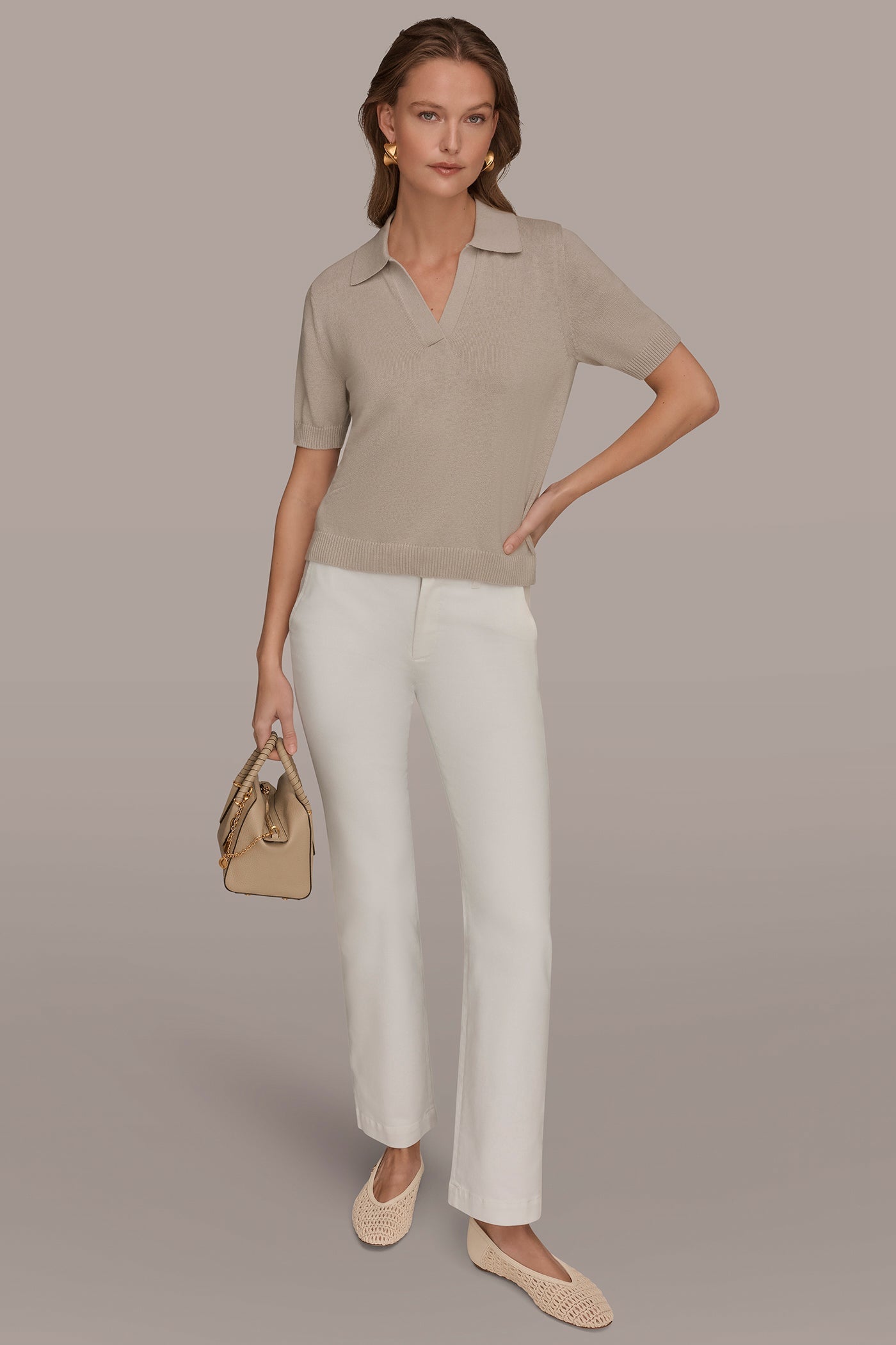 Tuscan Grey COTTON AND CASHMERE POLO SWEATER Donna Karan
