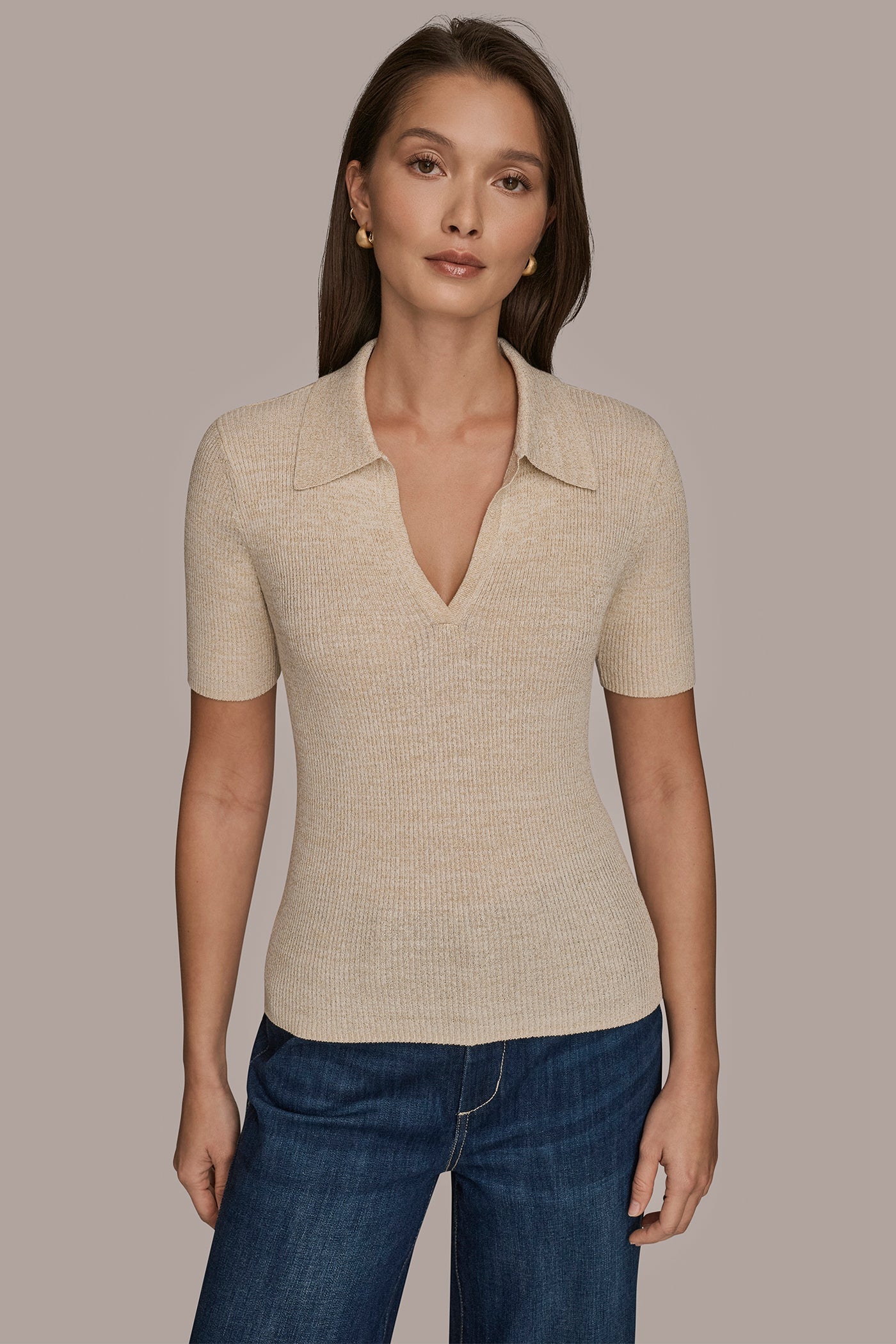 CREAM/GOLD ELBOW-SLEEVE METALLIC RIBBED POLO SWEATER Donna Karan