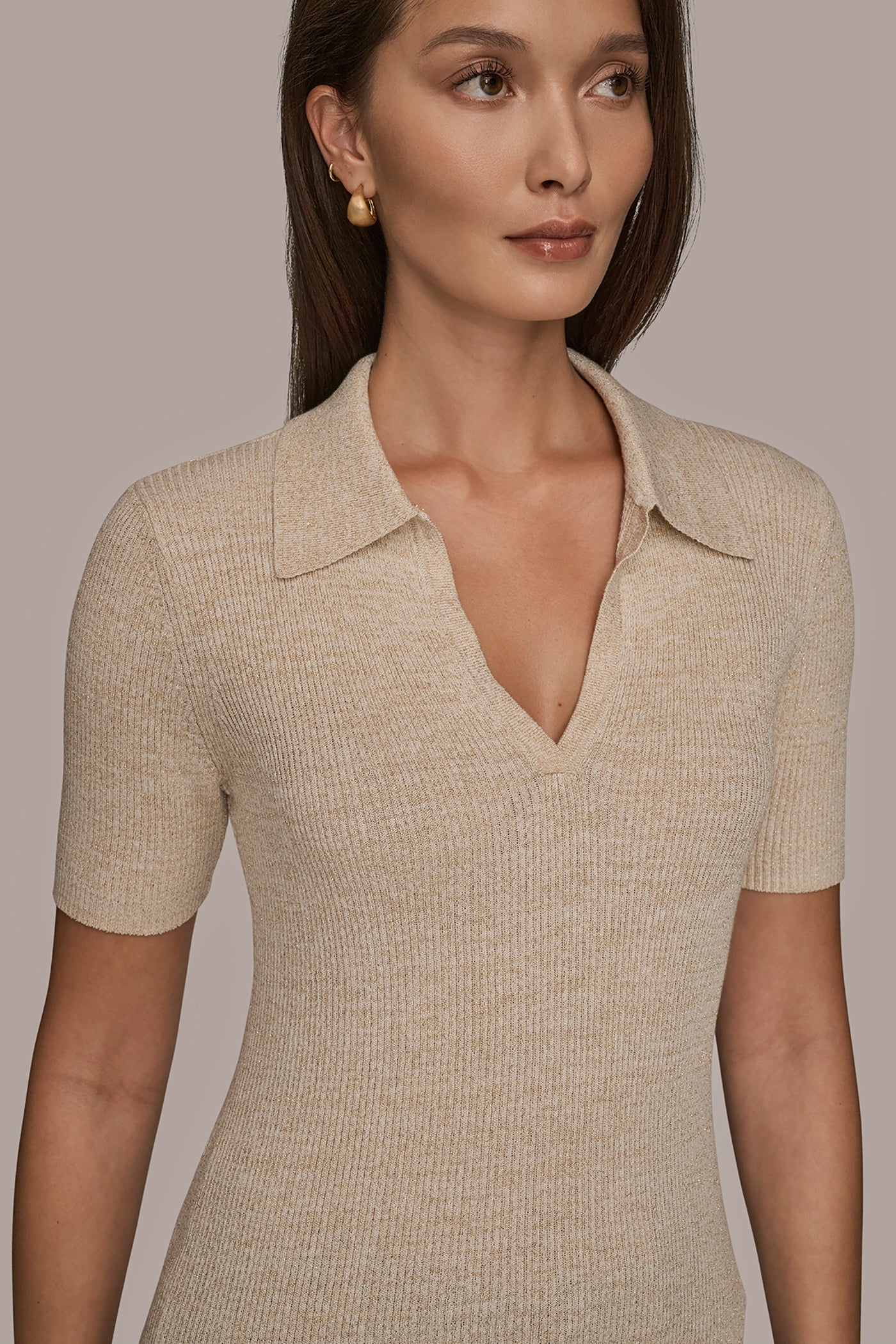 CREAM/GOLD ELBOW-SLEEVE METALLIC RIBBED POLO SWEATER Donna Karan
