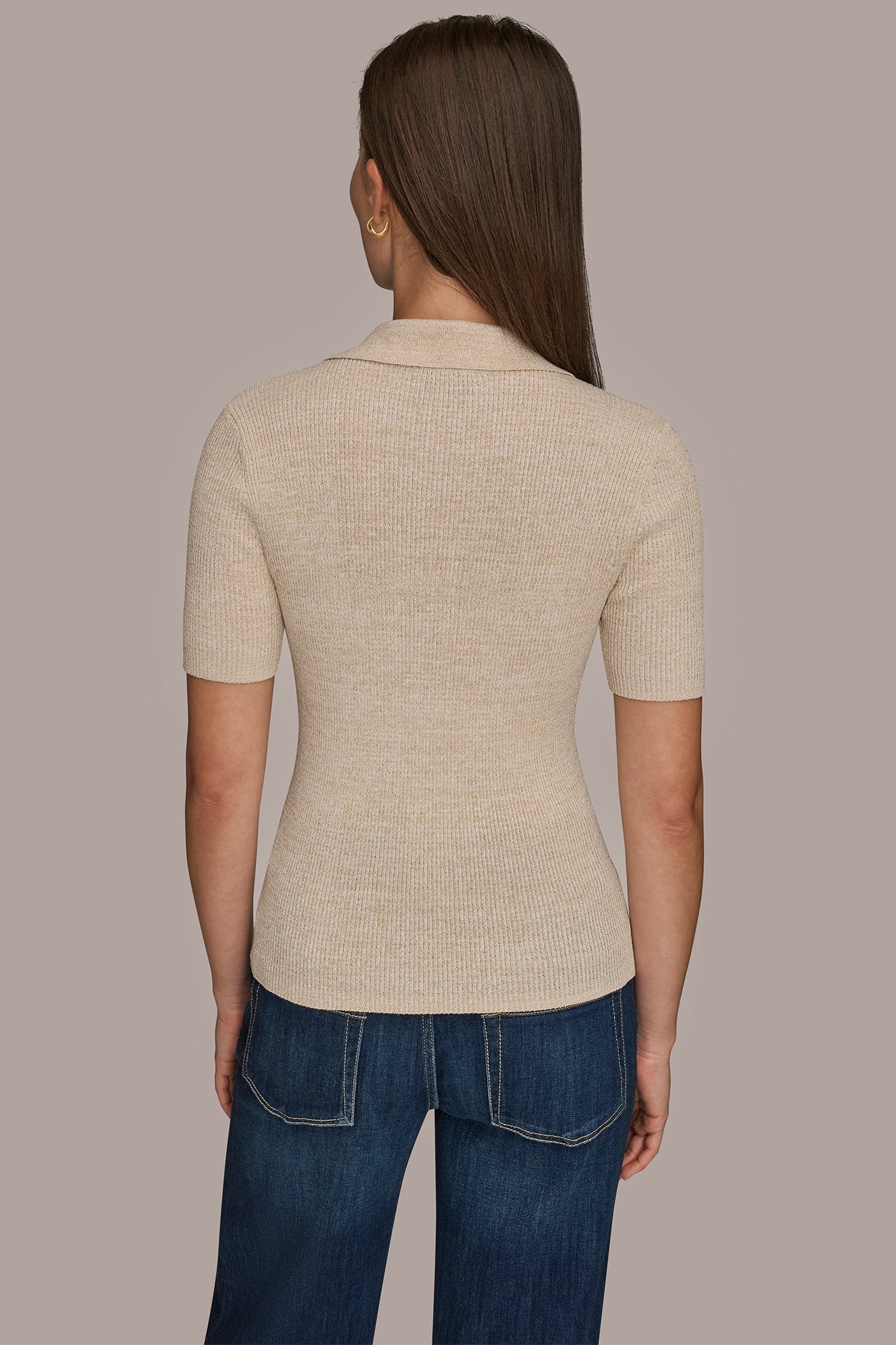 CREAM/GOLD ELBOW-SLEEVE METALLIC RIBBED POLO SWEATER Donna Karan
