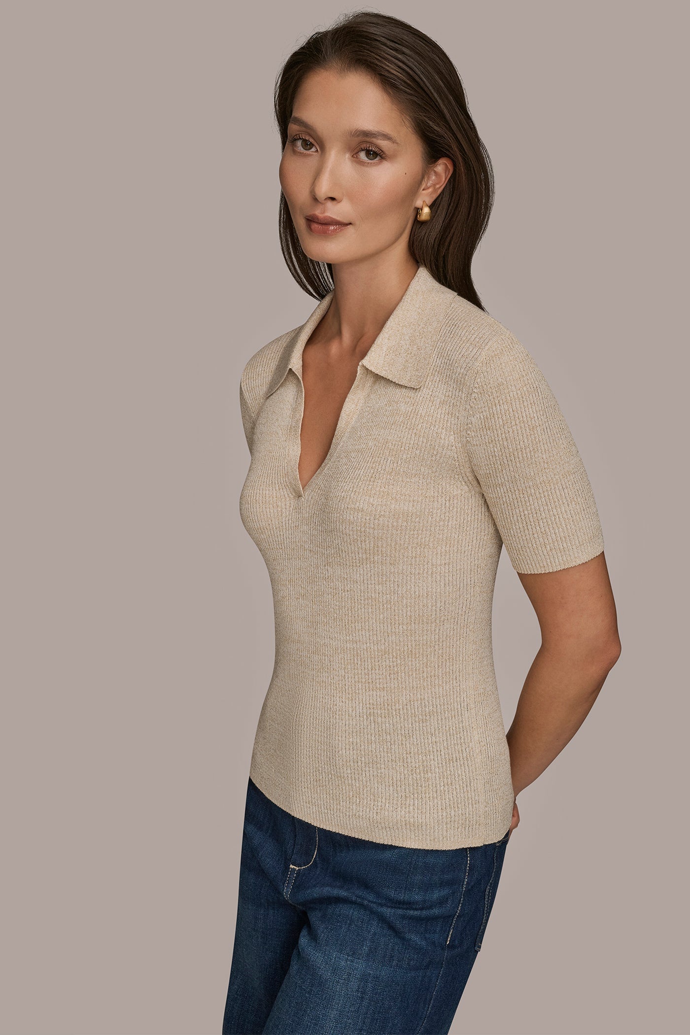 CREAM/GOLD ELBOW-SLEEVE METALLIC RIBBED POLO SWEATER Donna Karan
